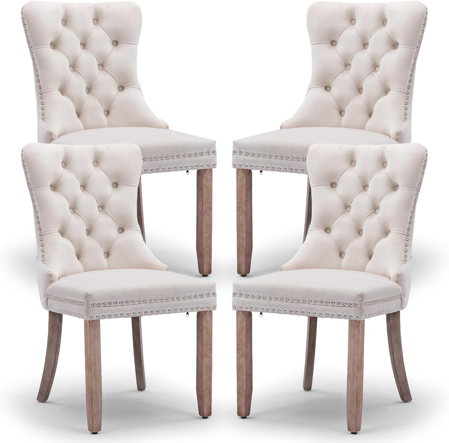 SoarFlash Velvet Dining Chairs Set of 4, Tall Back Side Chair, Modern Upholstered High-end Tufted Side Chair with Button Back Ring, Solid Wood Legs (Beige)
