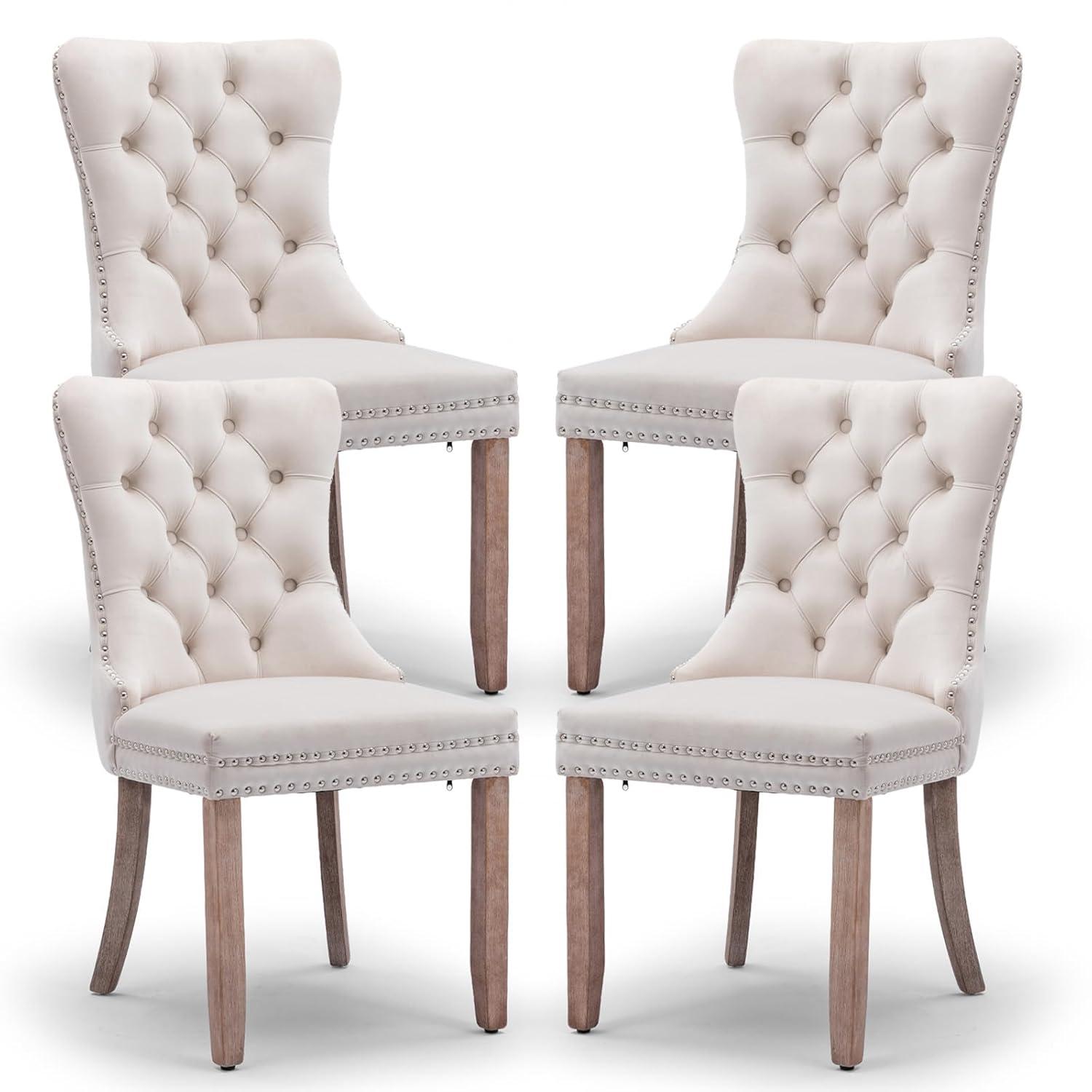 SoarFlash Velvet Dining Chairs Set of 4, Tall Back Side Chair, Modern Upholstered High-end Tufted Side Chair with Button Back Ring, Solid Wood Legs (Beige)