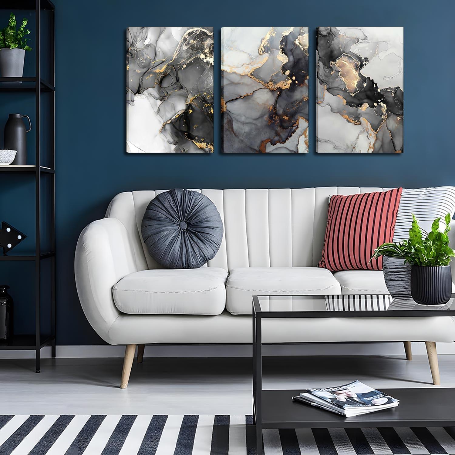 3Pcs Abstract Marble Wall Art Black and Gold Bathroom Decor Nordic Watercolor Gray White Fluid Ink Lines Canvas Picture Contemporary Painting Artwork for Living Room Bedroom Office Home Decor