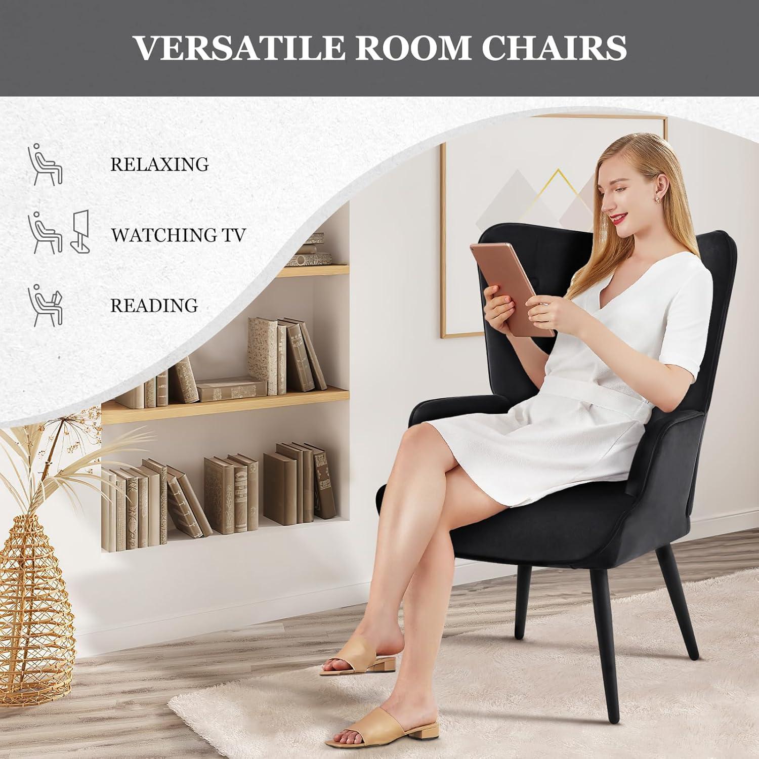 Falvinoryn Velvet Accent Chairs, Wingback Reading Chair, Upholstered Arm Chair, Mid Century Leisure Chairs for Living Room, Black