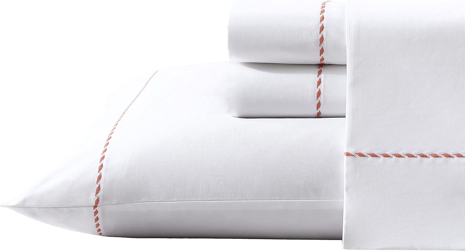 Queen White Cotton Percale Sheet Set with Orange Embroidery