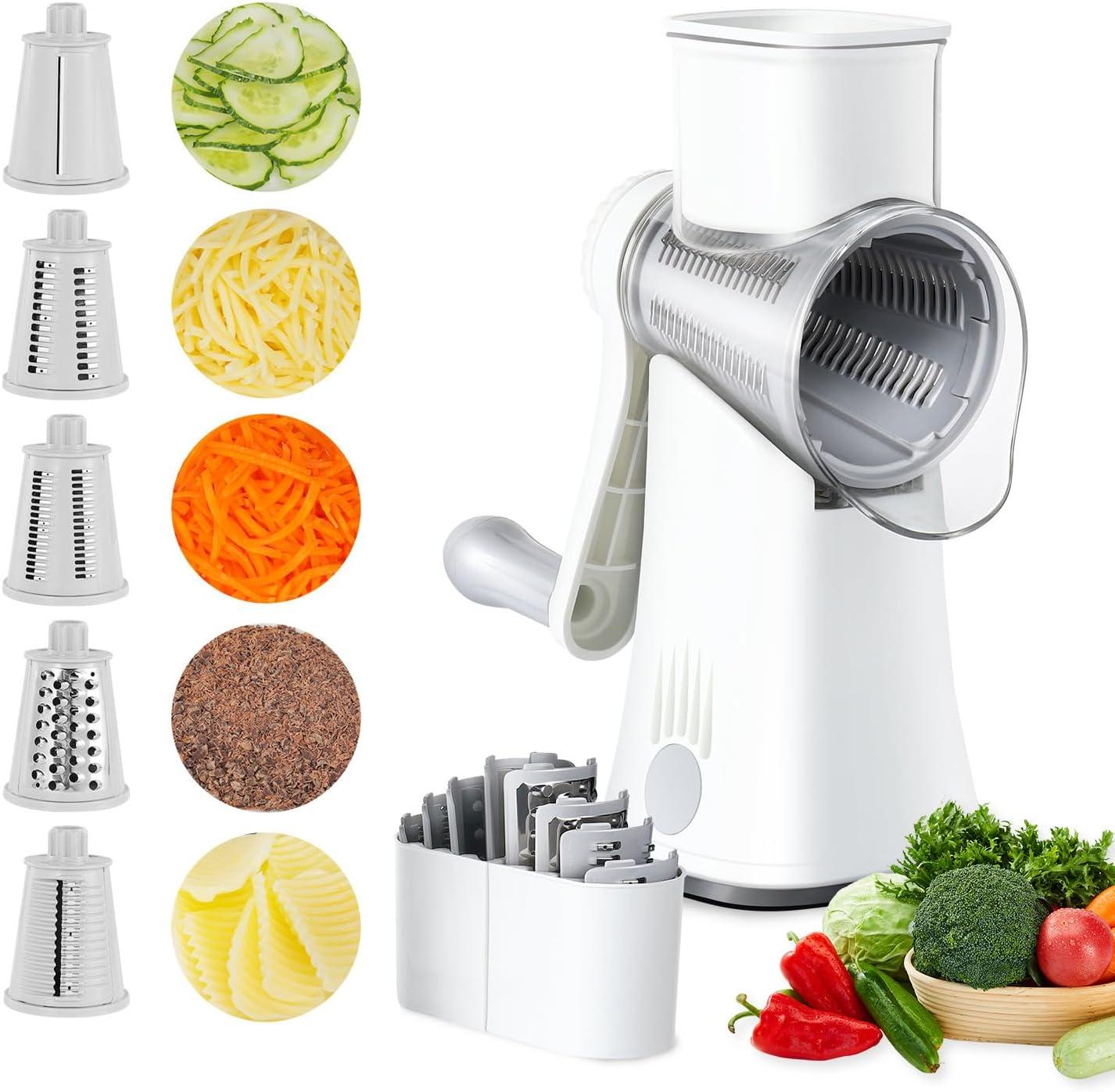 White 5-in-1 Rotary Cheese Grater with Handle and Suction Base