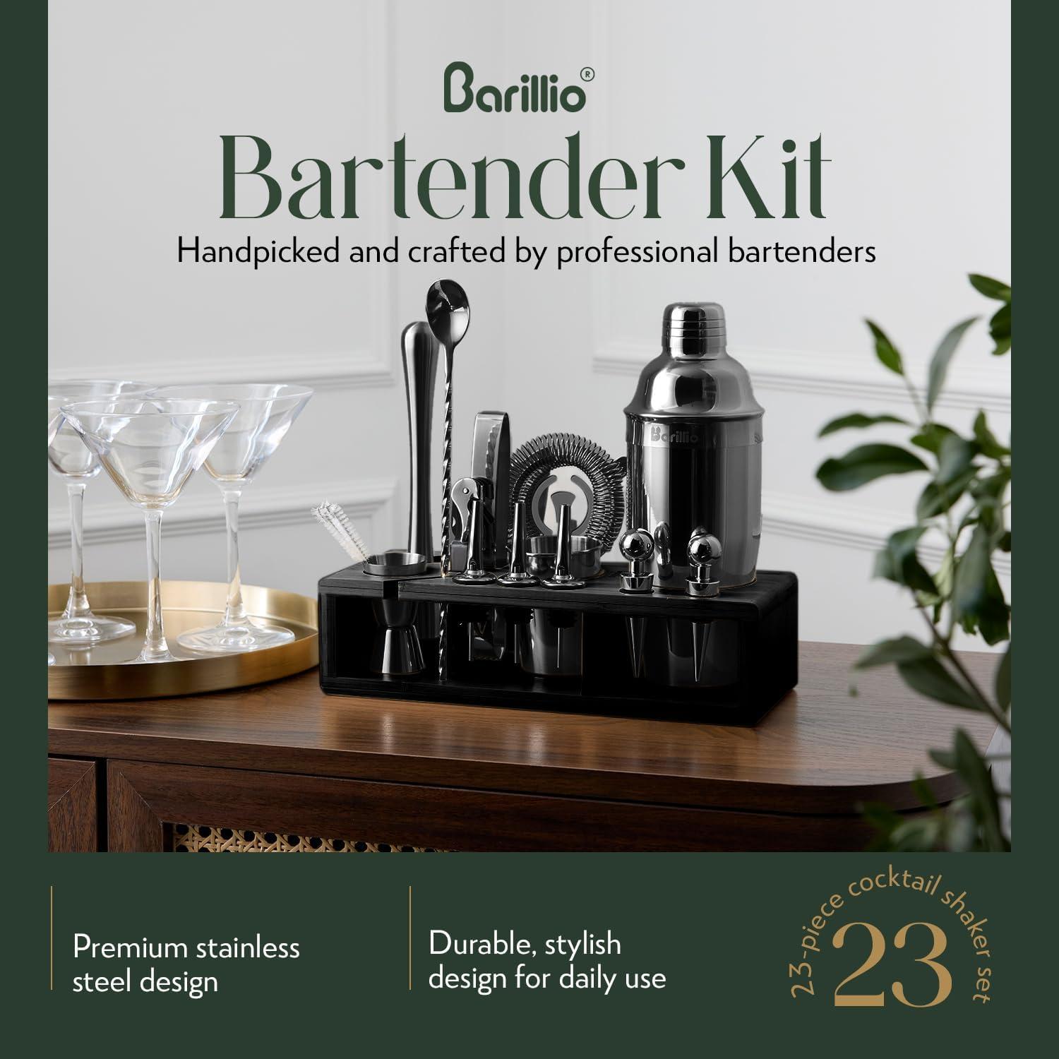 Black Stainless-Steel Bartender Kit with Bamboo Stand