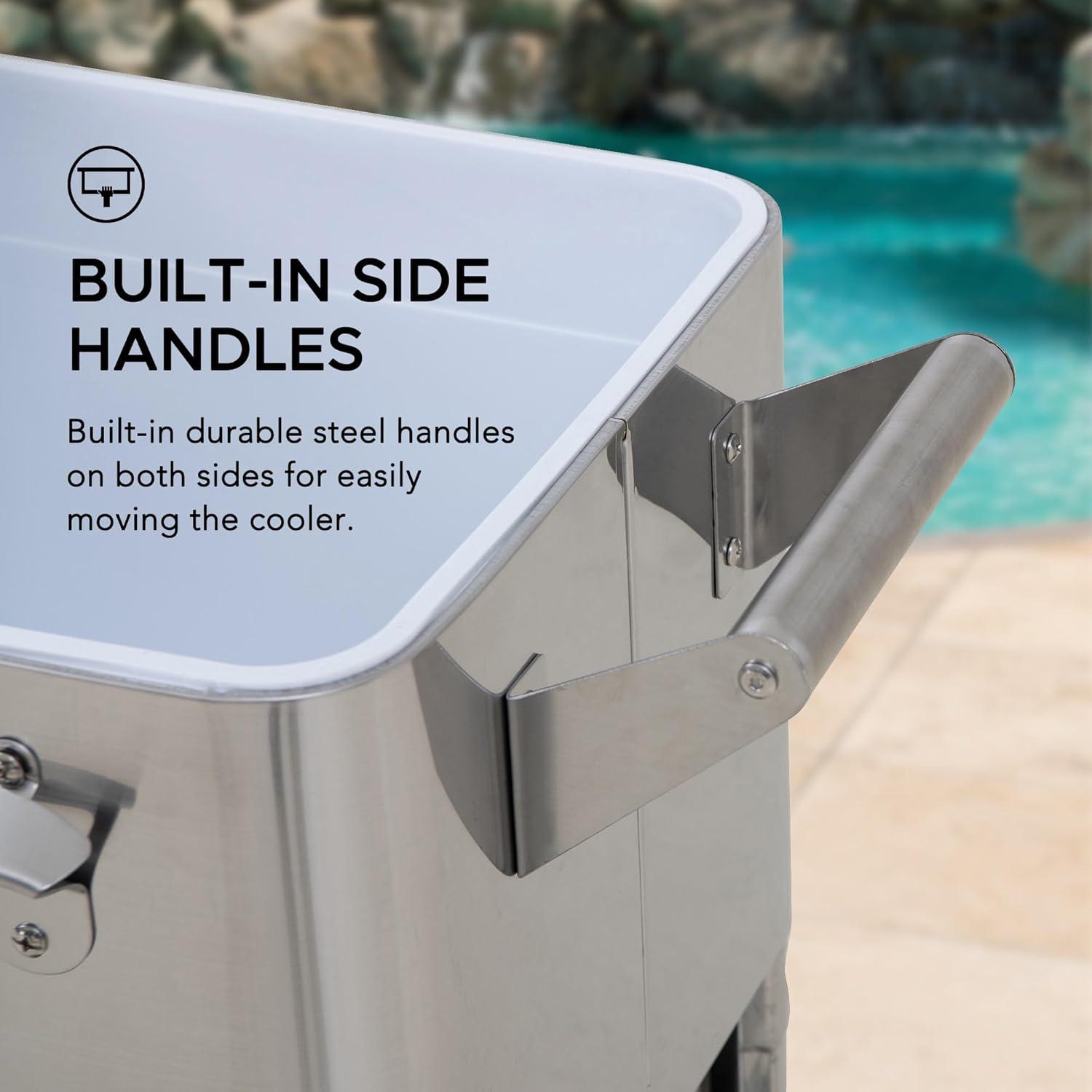 Sunjoy Sunjoy 80 Quart Patio Cooler Cart Stainless Steel Rolling Ice Chest With Steel Bottle Opener, Shelf And Lockable Wheels