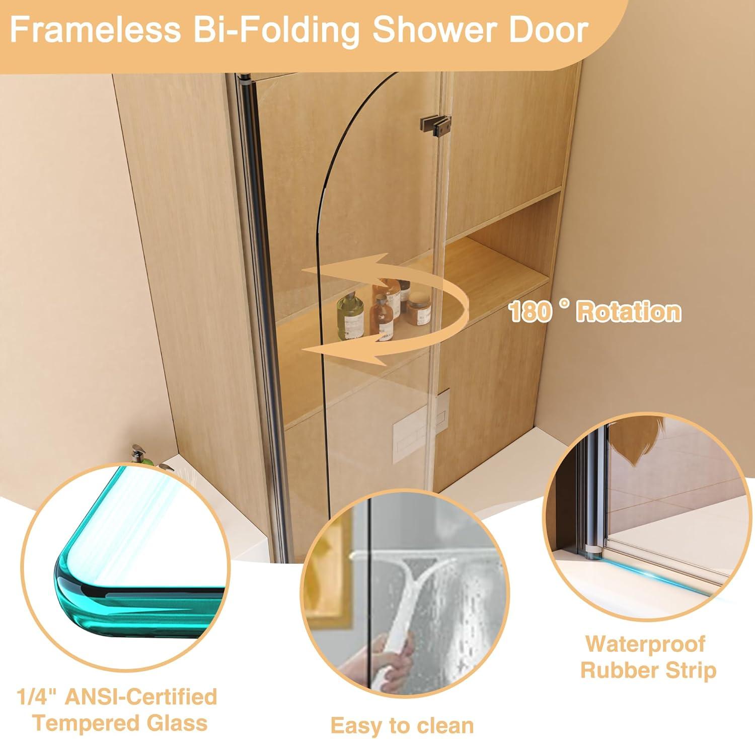 LILI 31"W x 55"H Frameless Folding Pivot Shower Tub Door Reversible Installation LI55675LL