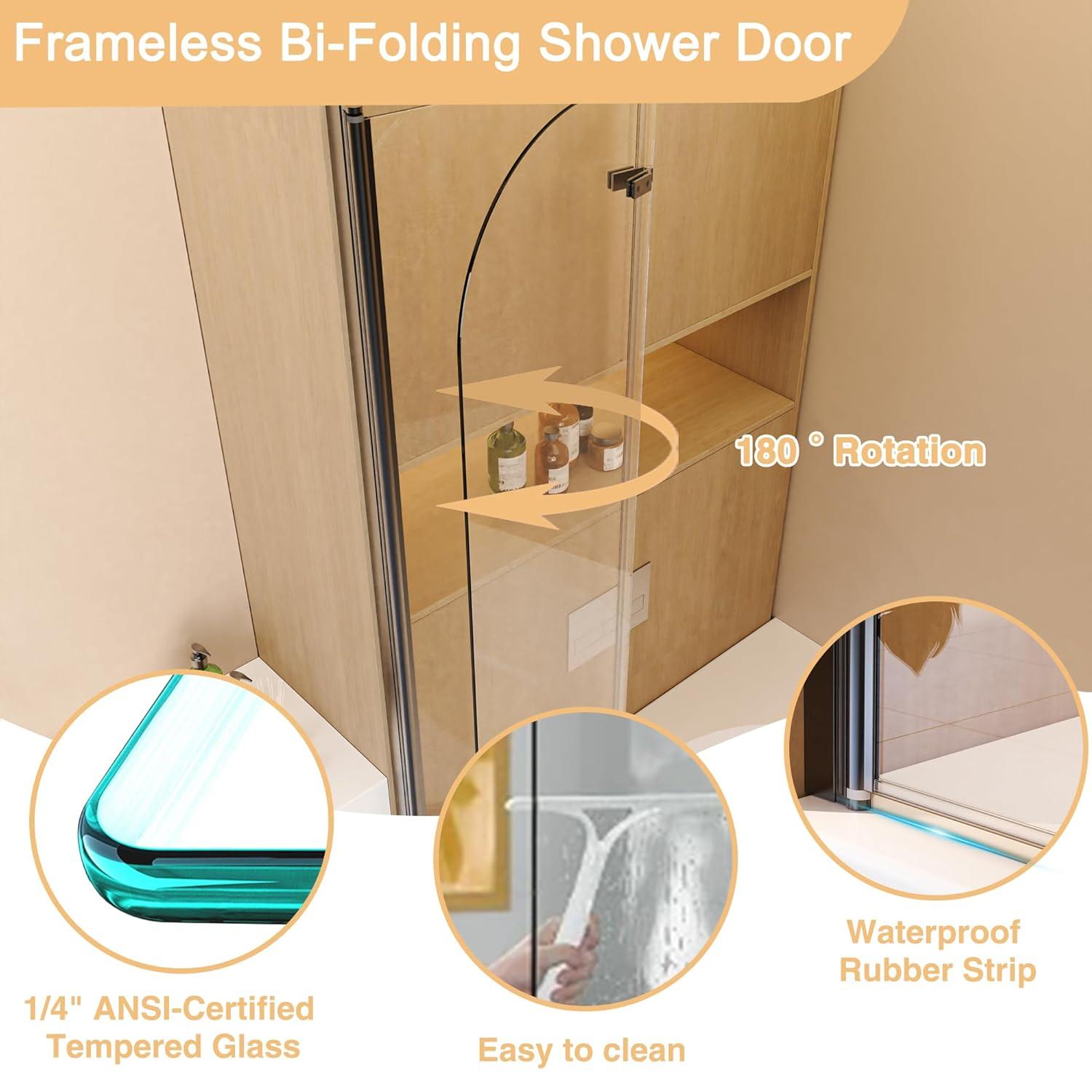 LILI 31"W x 55"H Frameless Folding Pivot Shower Tub Door Reversible Installation LI55675LL