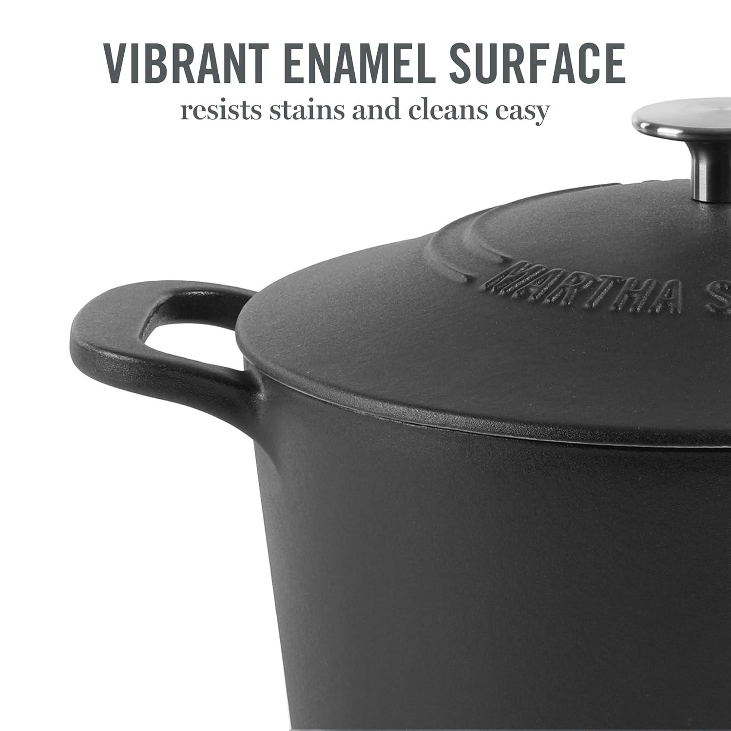 Martha Stewart Gatwick 7qt Enamel Cast Iron Dutch Oven Matte Black: Oven-Safe, Gas & Electric Compatible, 15" Diameter