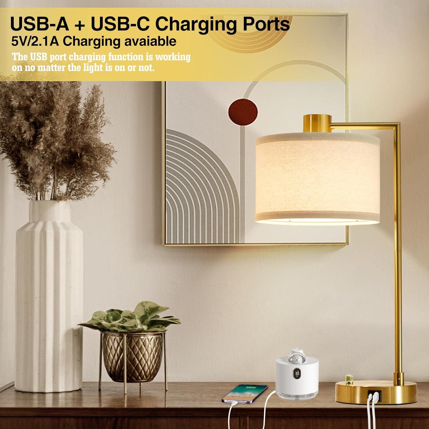 Table Lamp for Bedroom Set of 2 with USB C+A Ports, Fully Bedside Lamp with Linen Lampshade, Nightstand Lamp for Living Room Reading Office, 2 LED Bulbs Included (Gold)