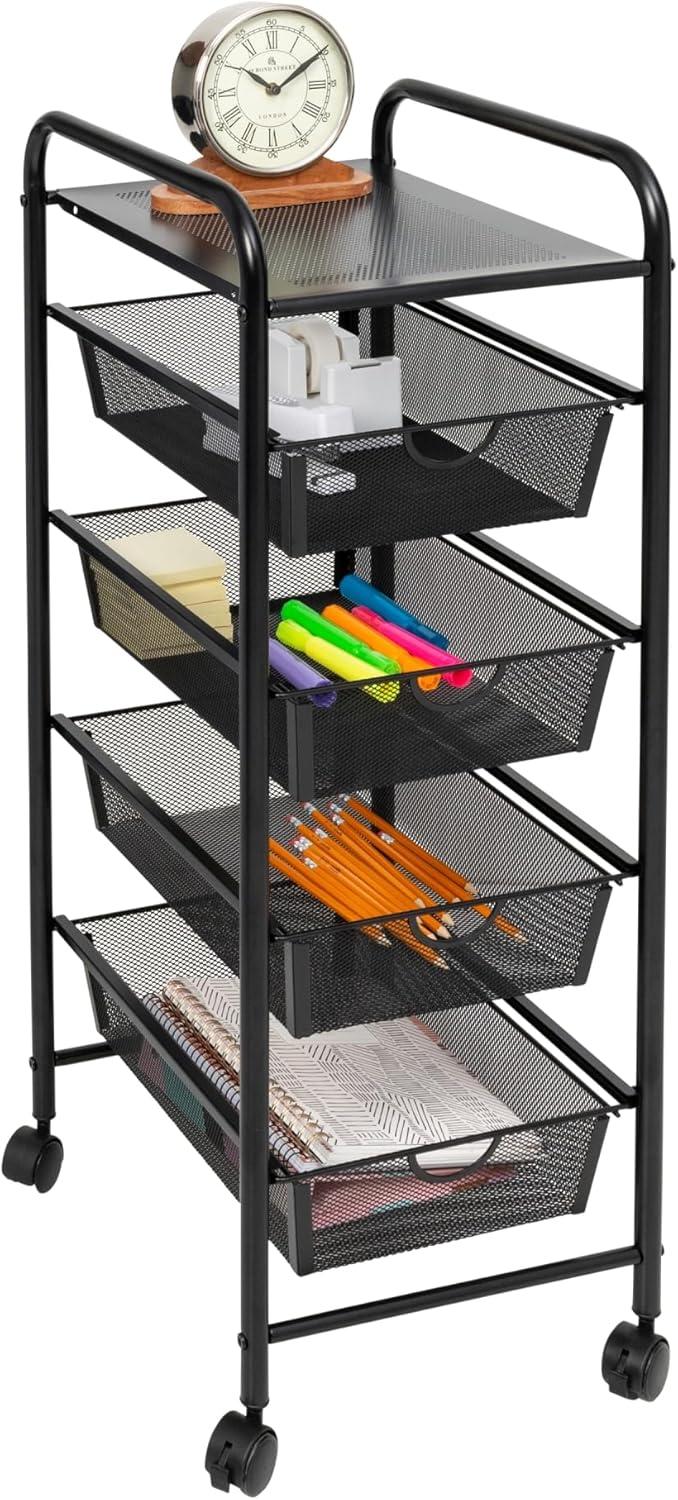 Black Metal 5-Tier Rolling Storage Cart with Lockable Wheels