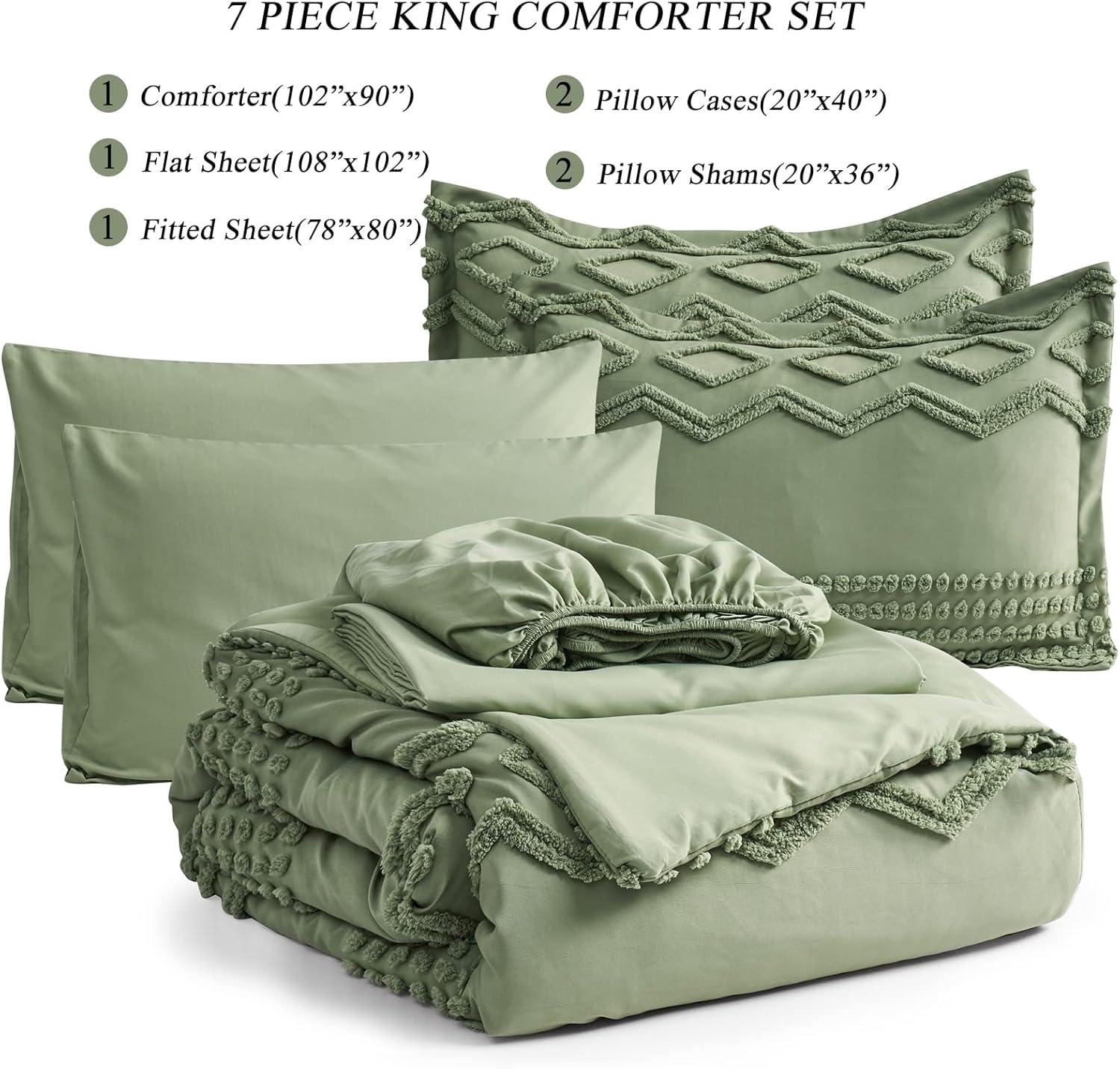 Sage Green Microfiber King Boho Comforter Set with Pom-Pom Accents