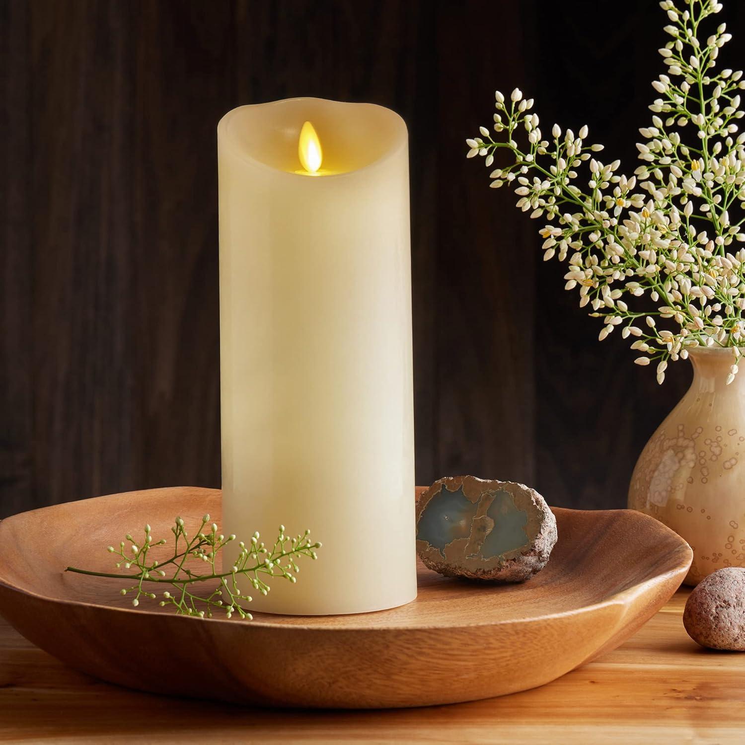 Luminara Realistic Artifical Flame Classic Pillar LED Candle - Moving Flame LED Battery Operated Lights - Unscented - Remote Ready - Ivory - 4" x 9"