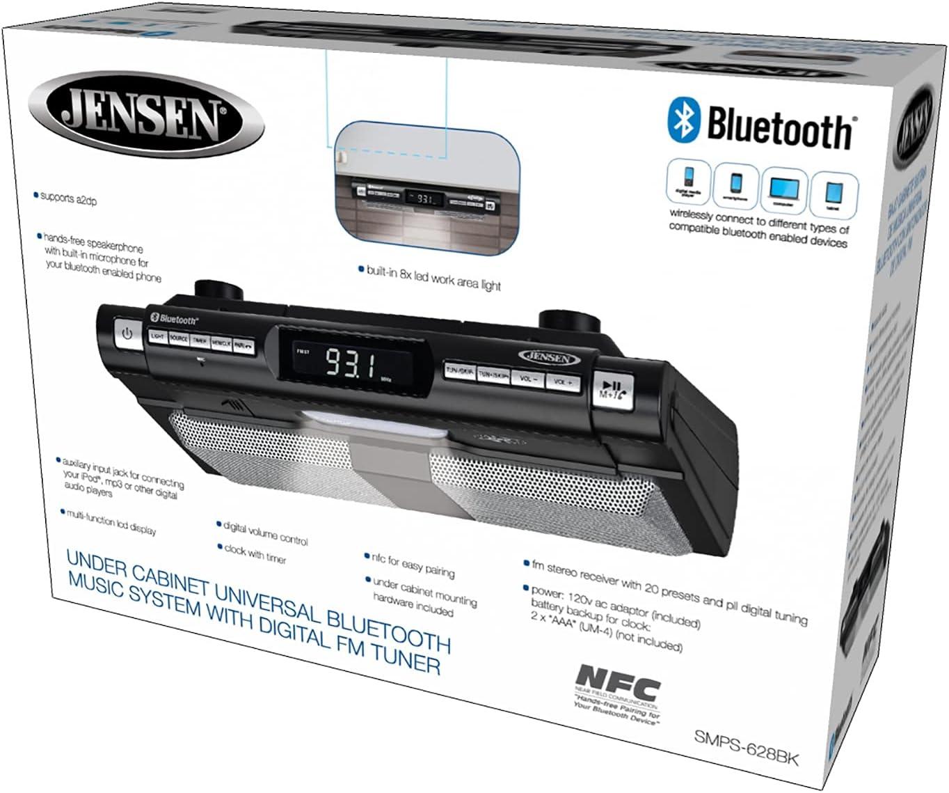 Jensen Modern Wireless Under Cabinet Kitchen Universal Bluetooth Music System, FM Radio, Clock LCD Digital Display, Built-in Hands-Free Mic & Speakers (Includes Mounting Hardware)