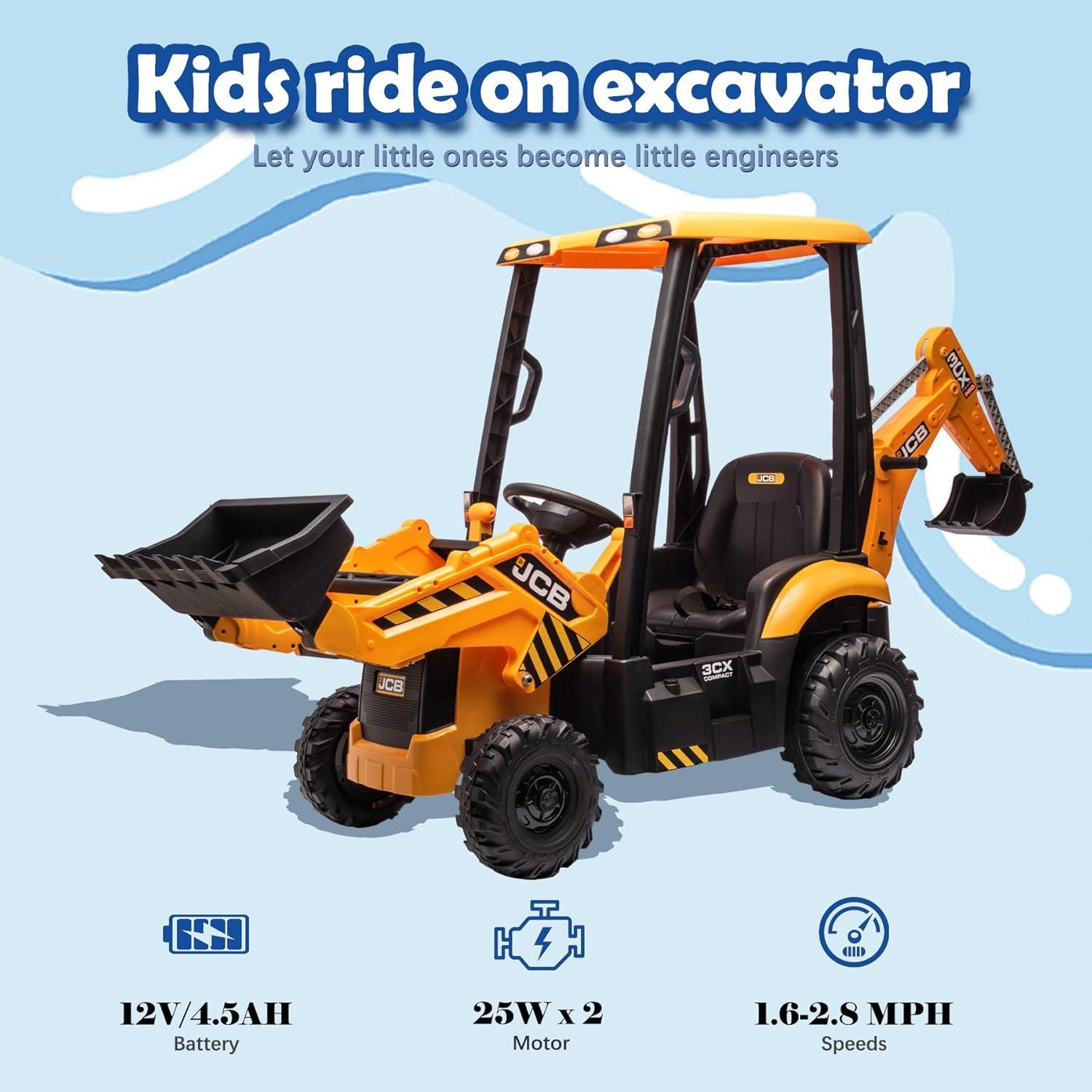 EastVita 12V Ride on Toys Tractor, Kids Ride on Car Toy Excavator Bulldozer, 12V Digger w/Trailer, Shovel Bucket, Digger, Remote Control, EVA Tires, LED Lights, Music, USB