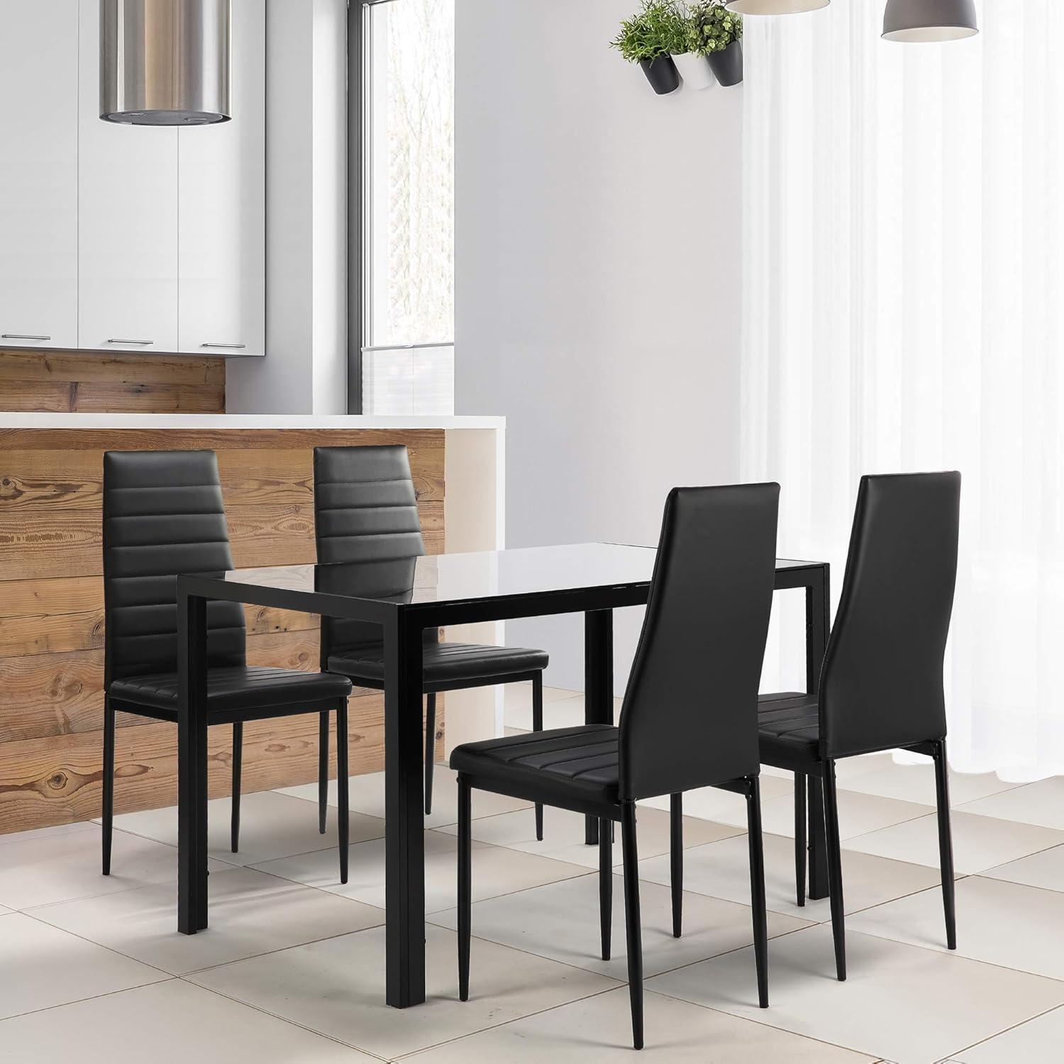 Black Glass Top Dining Table Set with Faux Leather Chairs