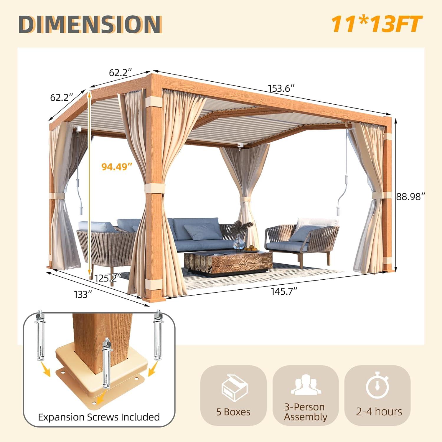 Wood Grain Aluminum Pergola with Adjustable Louvered Roof and Curtains