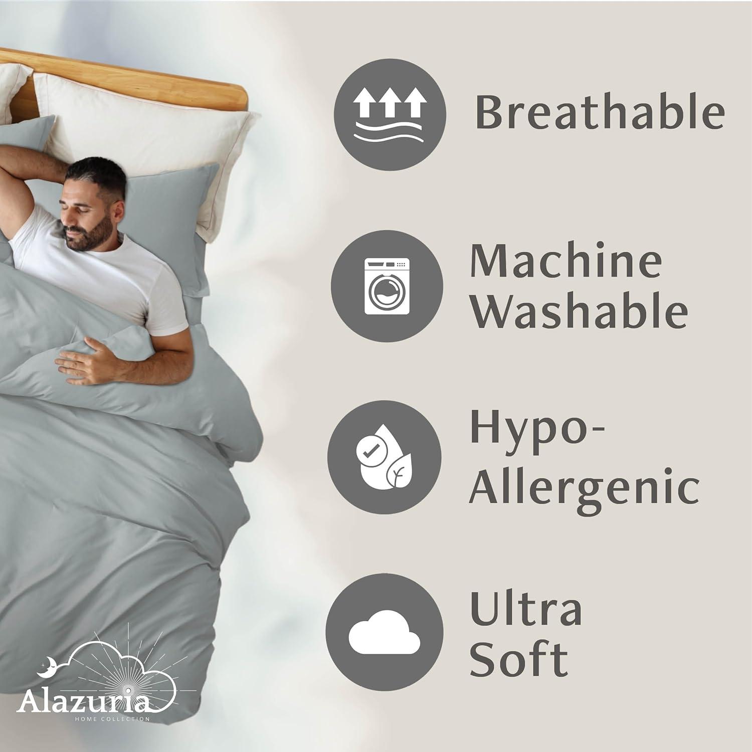 Alazuria Duvet Cover Set Soft Prewashed Microfiber with zipper and 4 corner ties Cloud Grey color Queen size ( 90" x 90" )