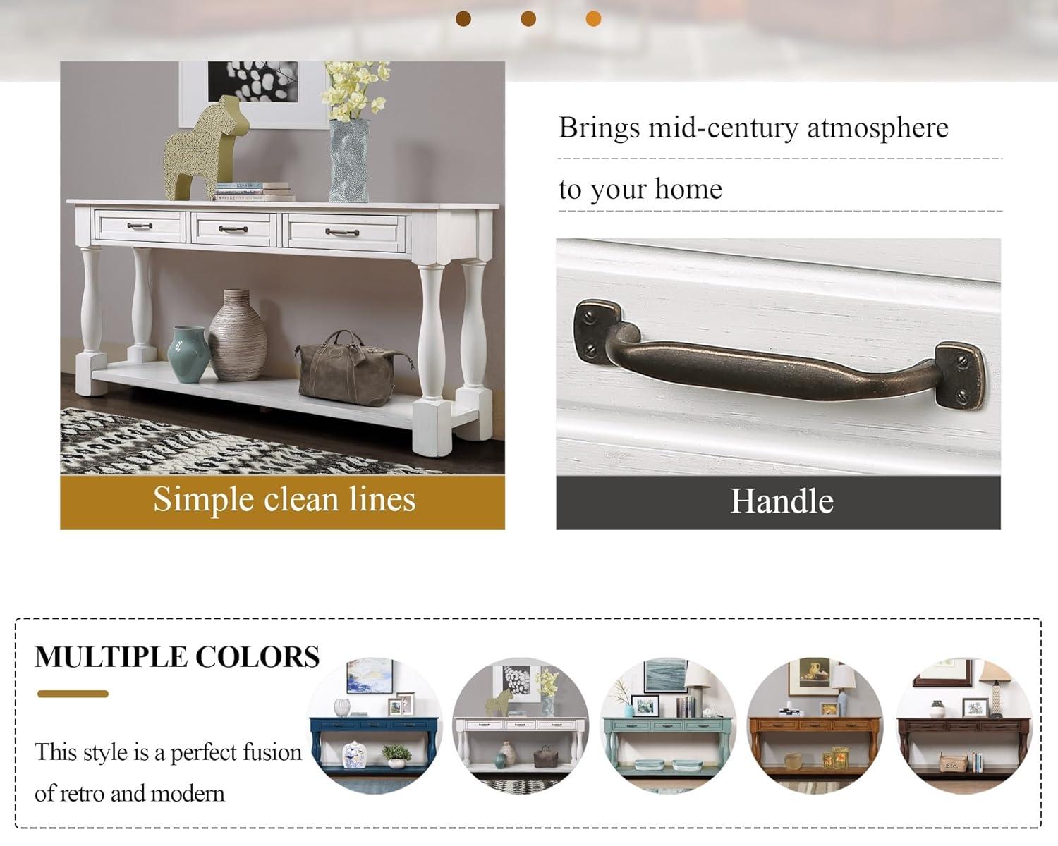 Merax Solid Wood Sofa Table with 3 Storage Drawers, 63 Inch Long Wood Console Table with Bottom Shelf, Retro Entryway Table for Living Room Hallway, Antique White