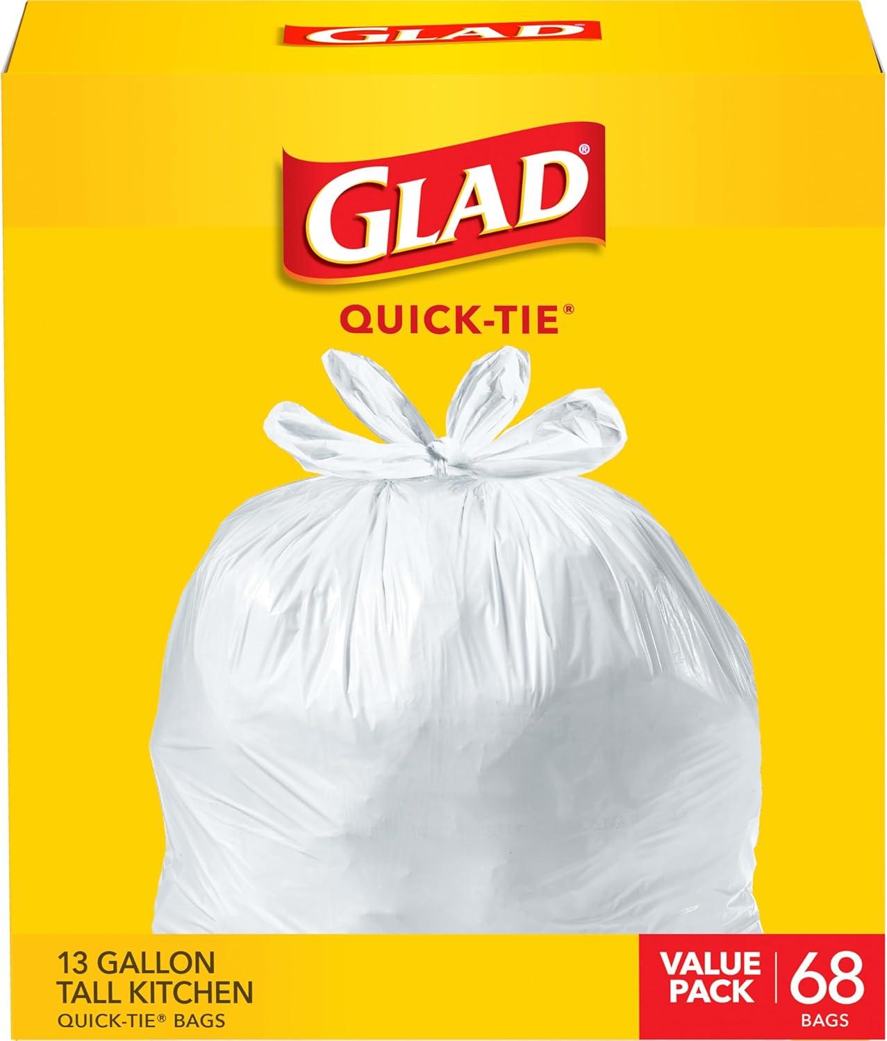 Glad Tall Kitchen Quick-Tie Trash Bags, 13 Gallon, White, 68 Count