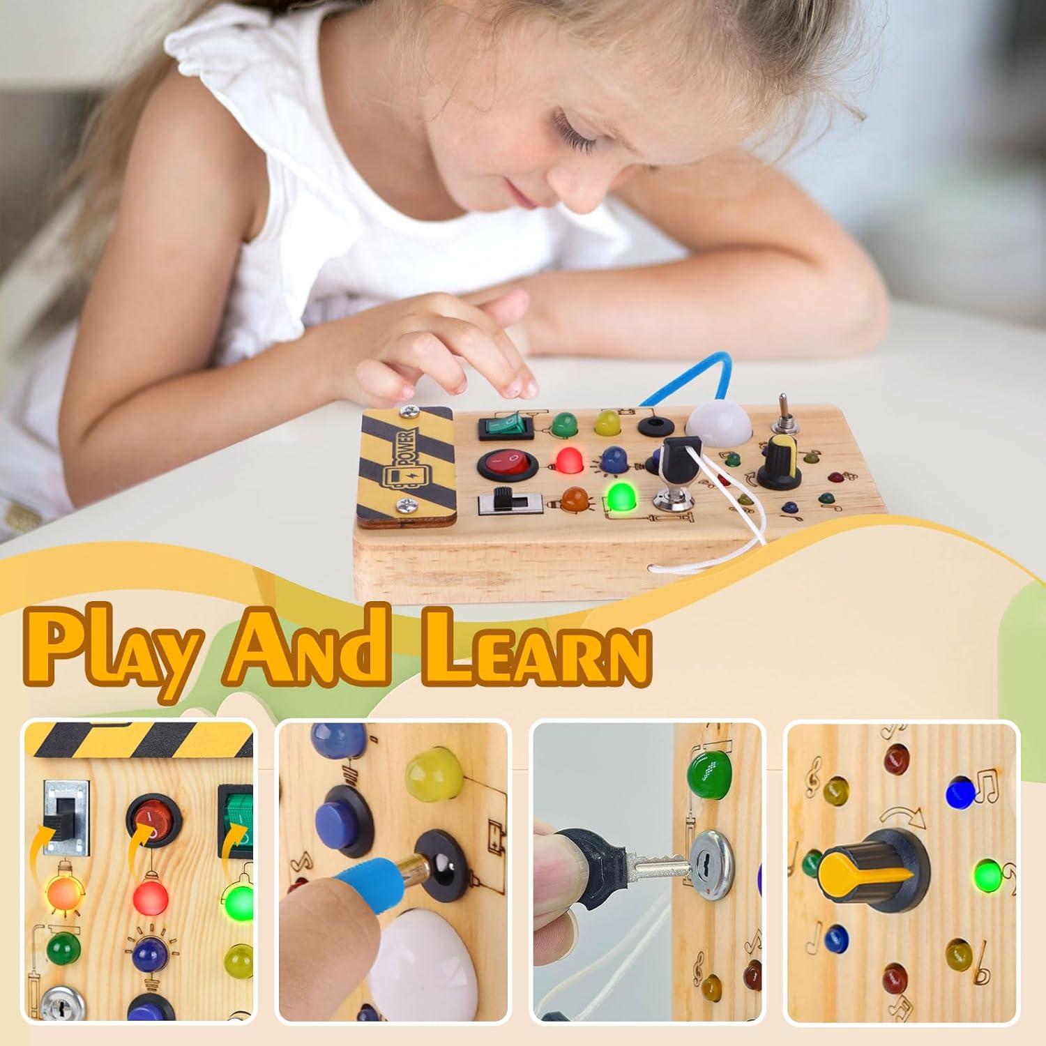 Montessori Wooden Busy Board with 8 LED Light switches, Sensory Toys Light Switch Travel Toys for 1+ Year Old Baby and Toddler