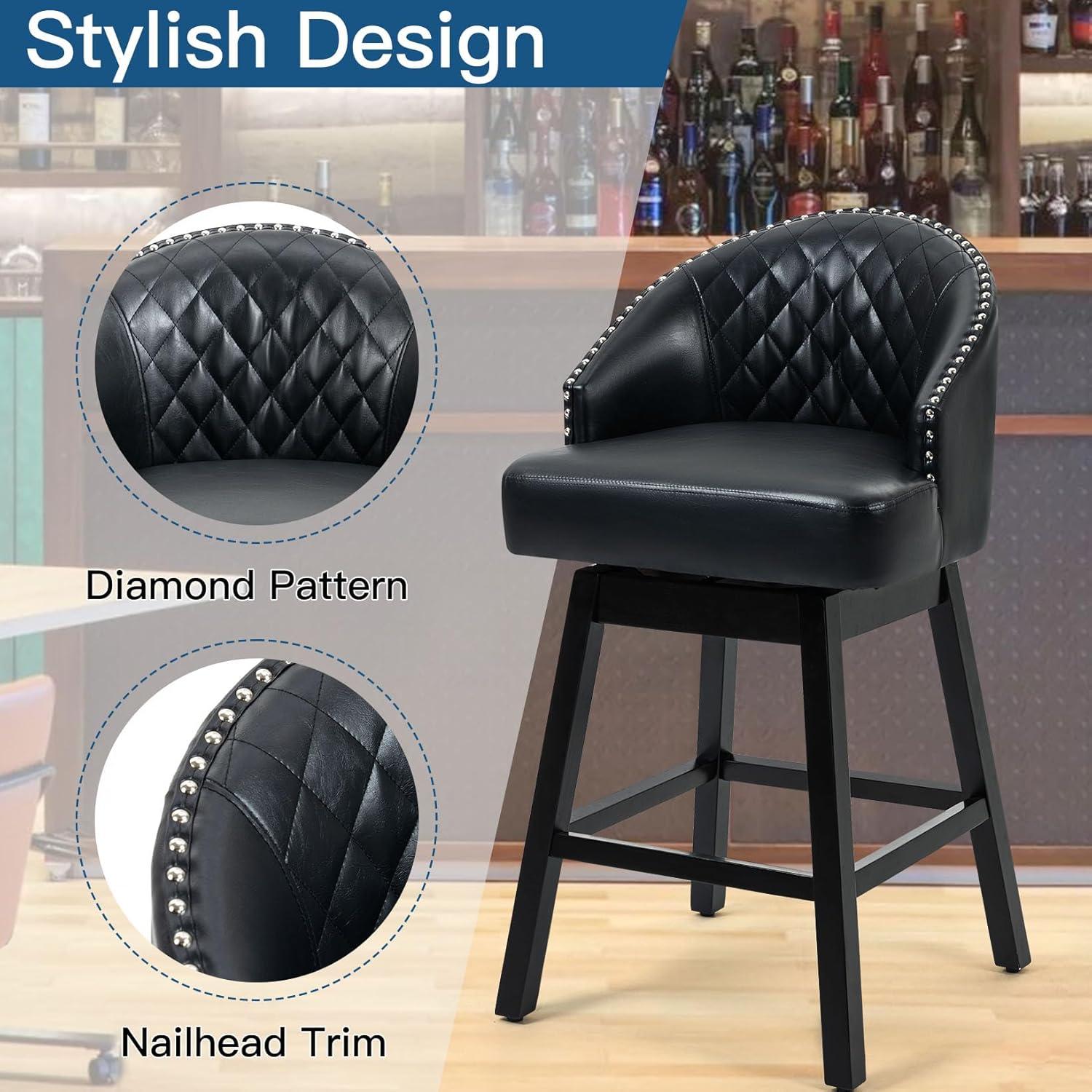 ECOTOUGE Swivel Barstools Set of 2, 29" Seat Height Bar Stools with Back & Rubber Wood Legs, PU Leather Counter Stools for Kitchen Island, Dining Room, Pub & Cafe (2PCS,Black)