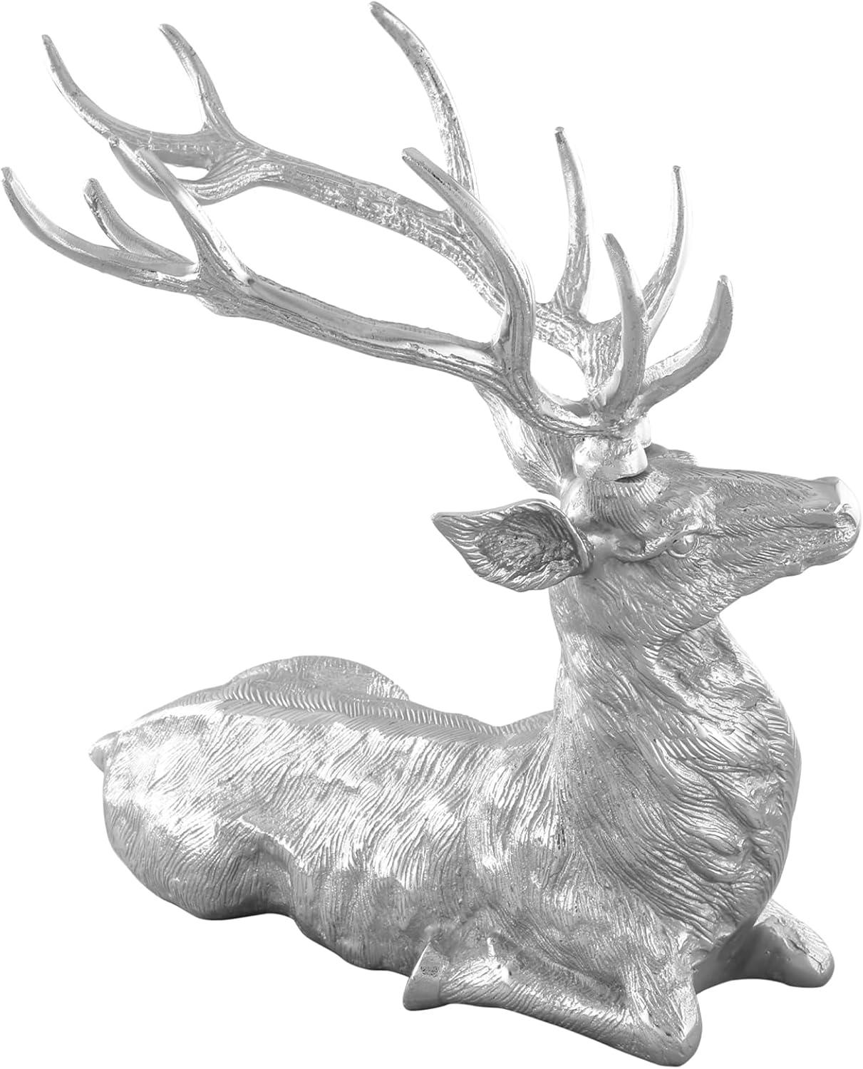 Canddidliike Versatile Deer Sculpture with Natural Antlers and Lush Deer Hair, Standing Reindeer Statue Aluminum Deer Sculpture, Aluminum Deer Sculpture for Indoors Christmas Decor, Silver