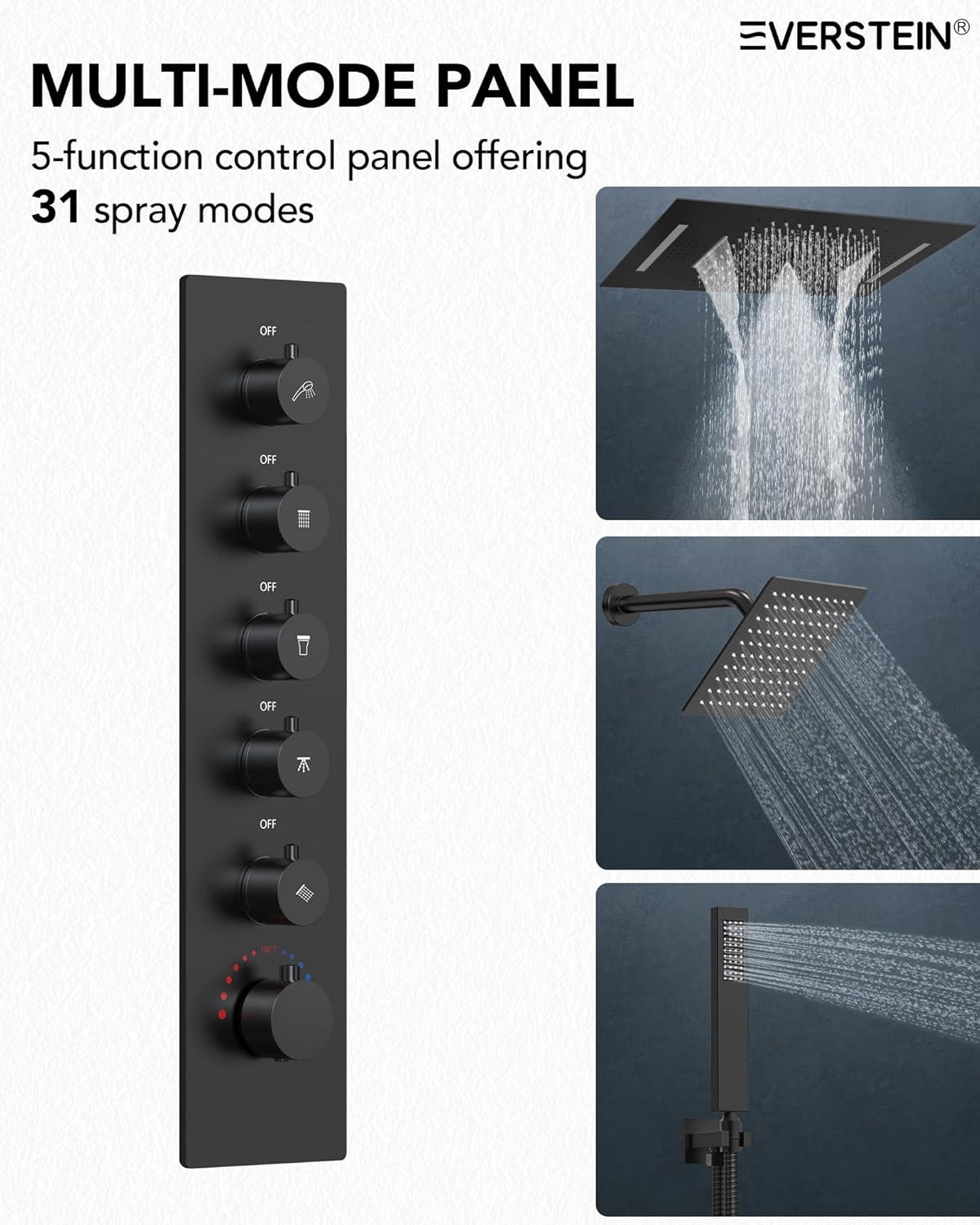 EVERSTEIN Music Thermostatic Shower System,Dual Showerheads with LED Mood Lighting SFS-1051-BK