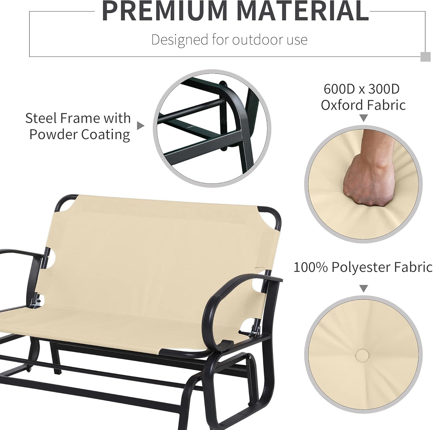Outsunny Patio Glider Bench with Padded Cushions and Armrests, Outdoor 2-Person Swing Rocking Chair Loveseat with Sturdy Frame, Beige