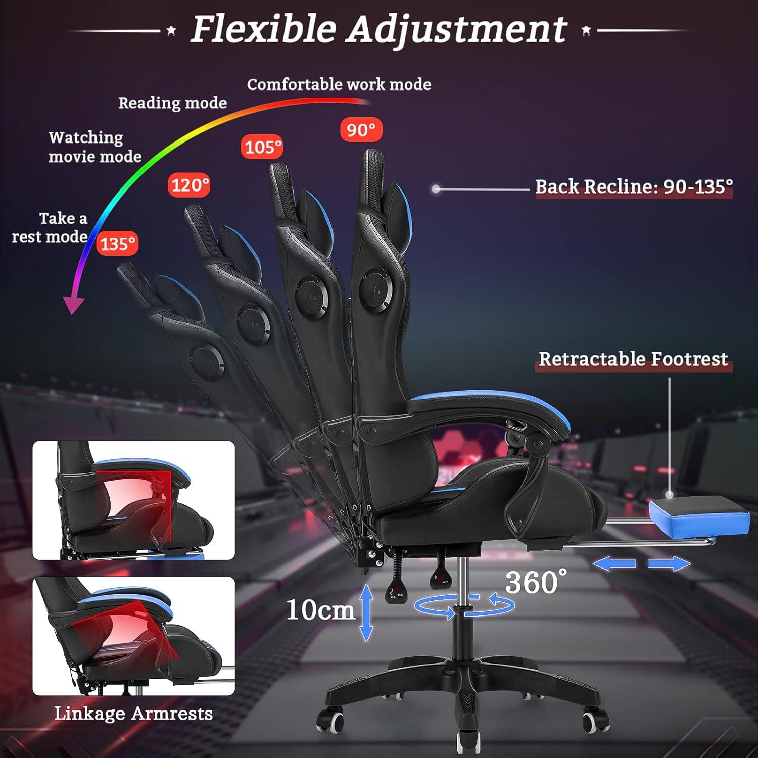 Gaming Chair with Bluetooth Speakers and RGB LED Lights Ergonomic Massage Video Game Chair with Footrest High Back with Lumbar Support Blue and Black