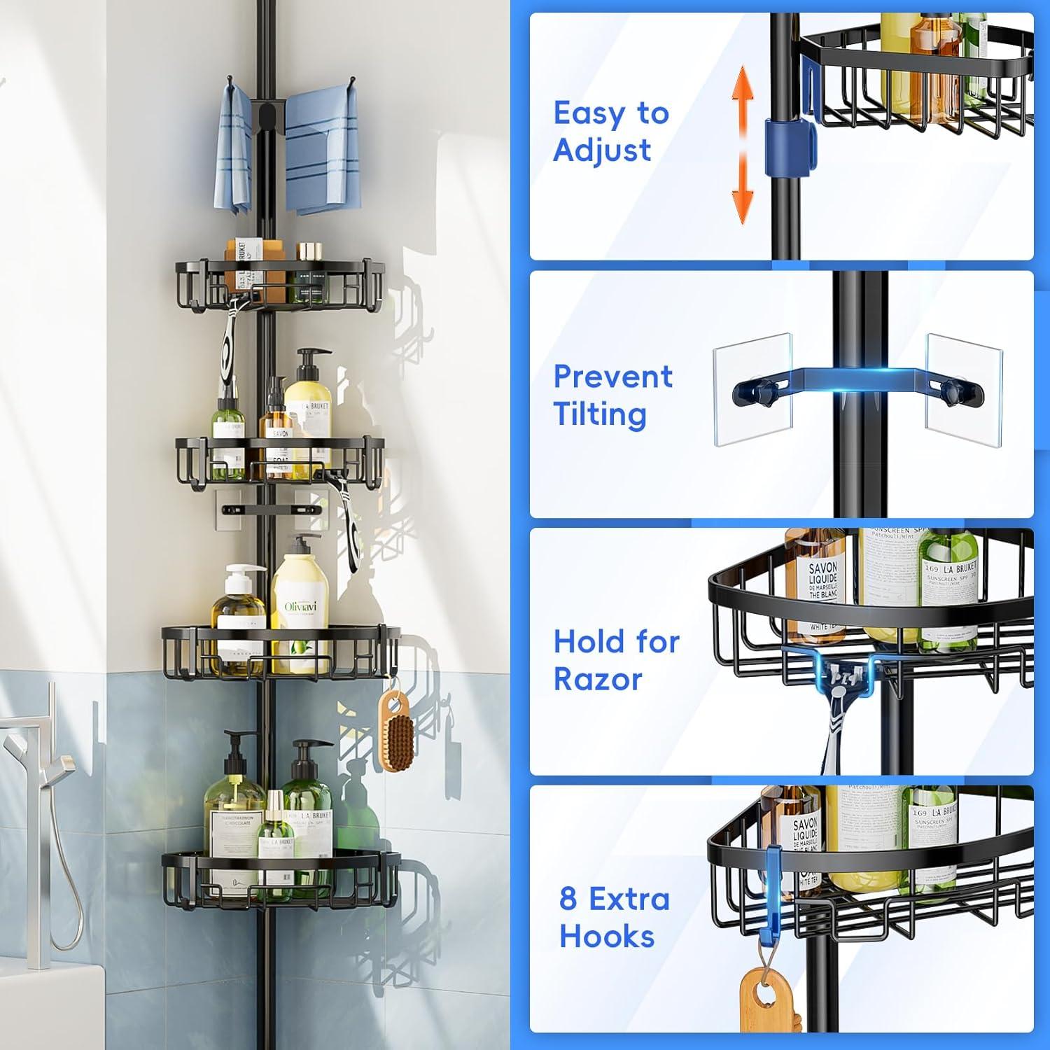 Corner Shower Caddy Tension Pole - 62-115INCH - 4-Tier Rustproof Bathroom Organizer Shelves, Adjustable Bathtub Tub Shampoo Storage