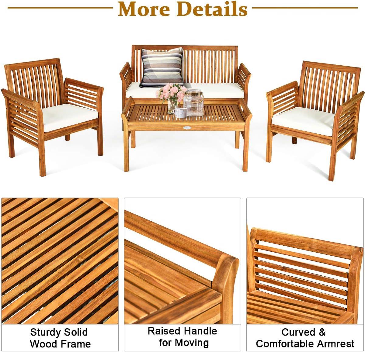 4 PCS Outdoor Wood Sofa Set Padded Patio Conversation Table Chair Set