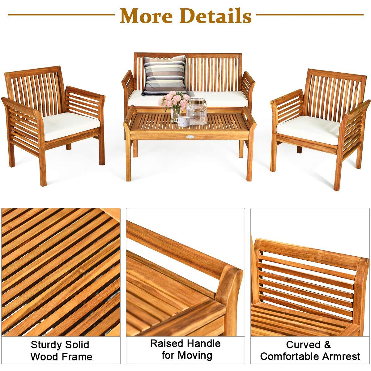 4 PCS Outdoor Wood Sofa Set Padded Patio Conversation Table Chair Set