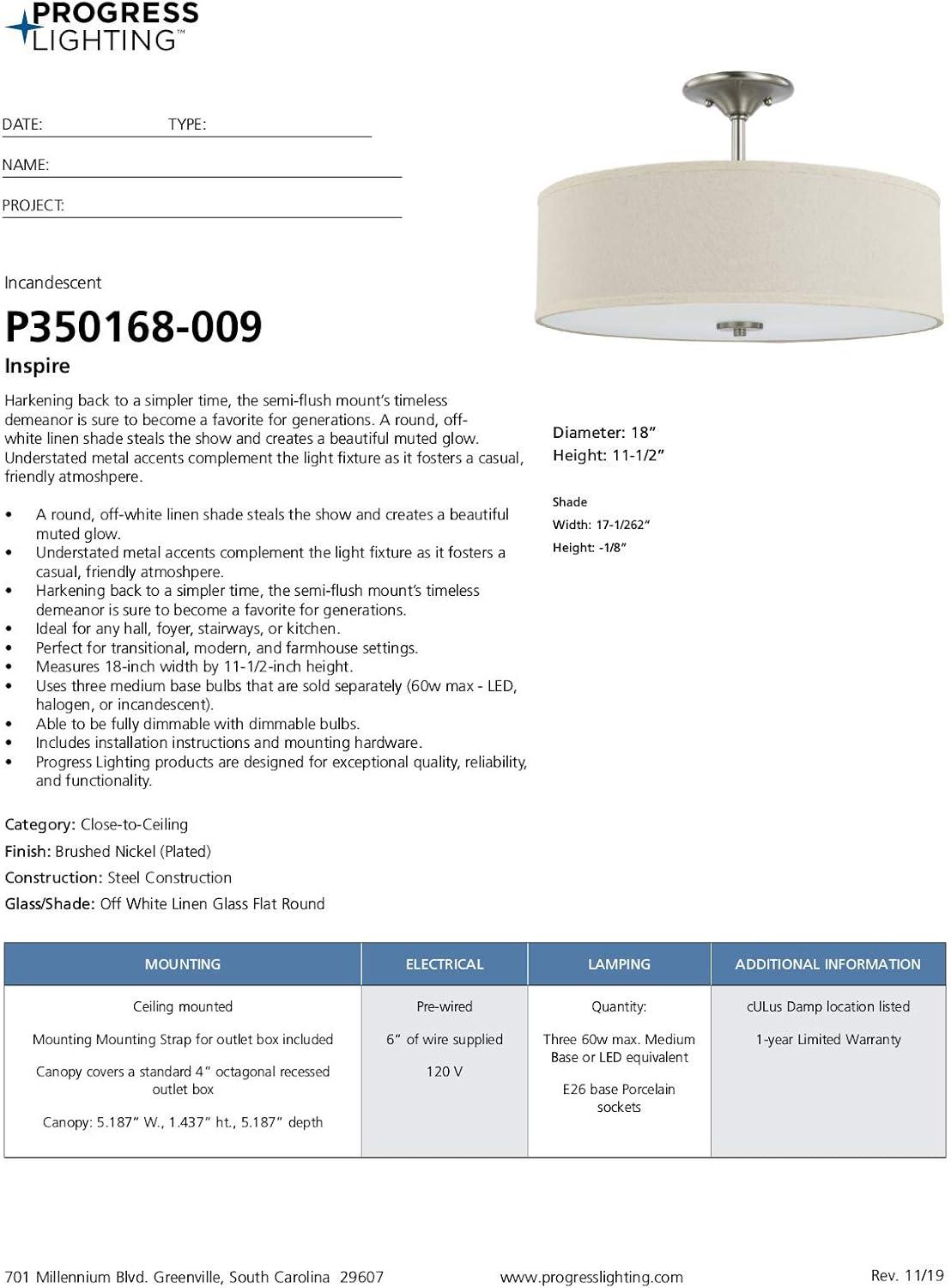 Progress Lighting Inspire 3-Light Semi-Flush Mount, Brushed Nickel, Off-White Linen Shade