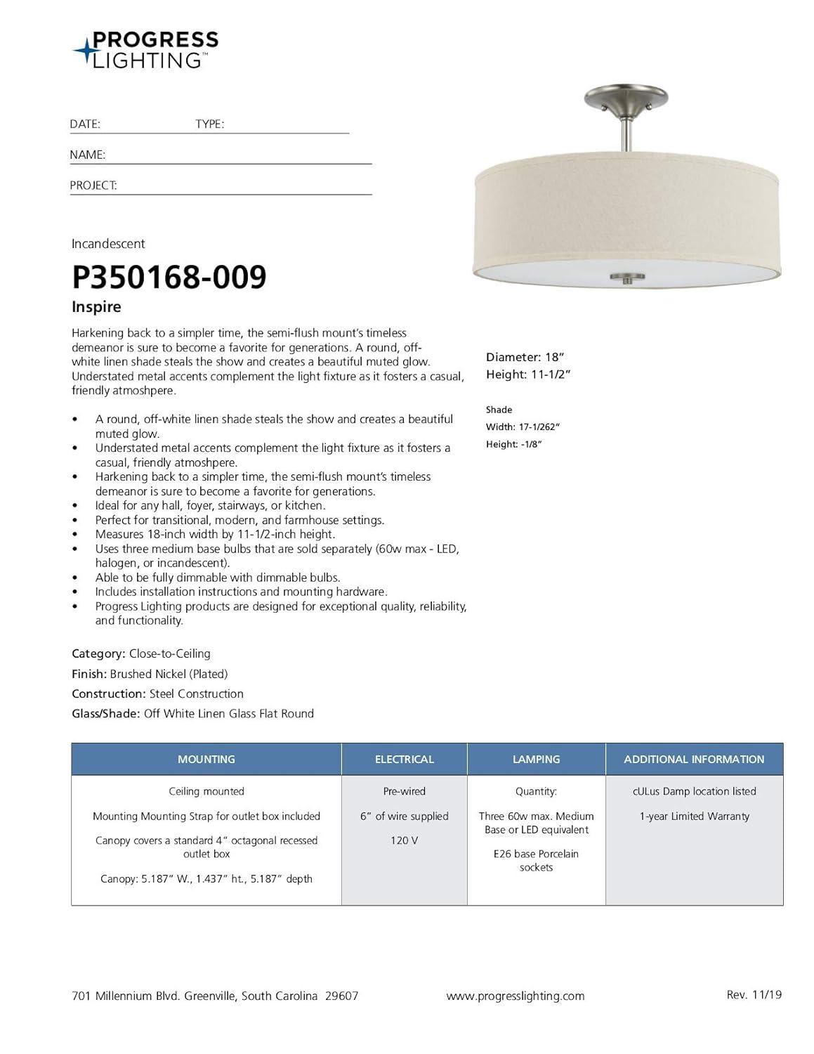 Progress Lighting Inspire 3-Light Semi-Flush Mount, Brushed Nickel, Off-White Linen Shade