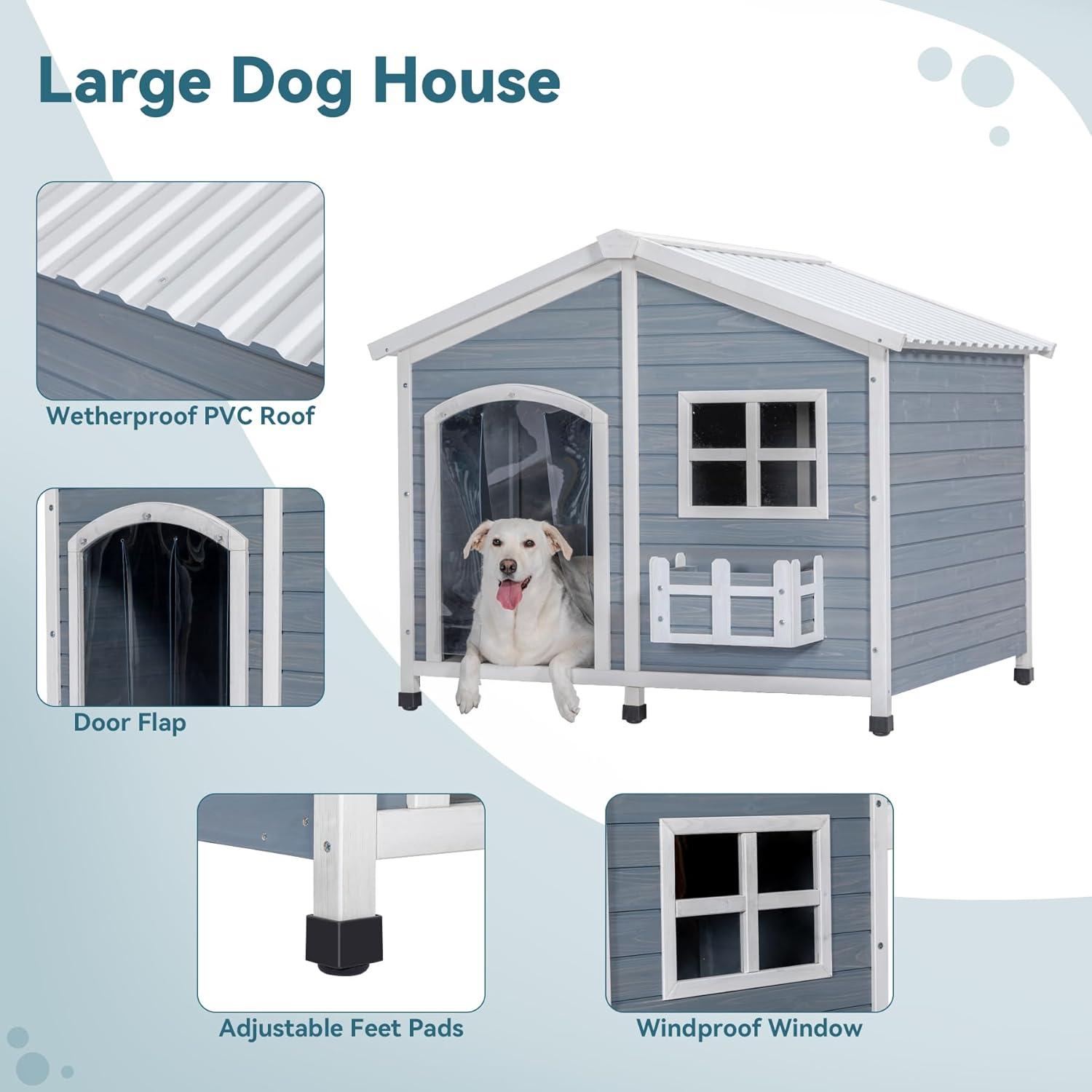 Extra Large Gray Wood Insulated Dog House with PVC Roof