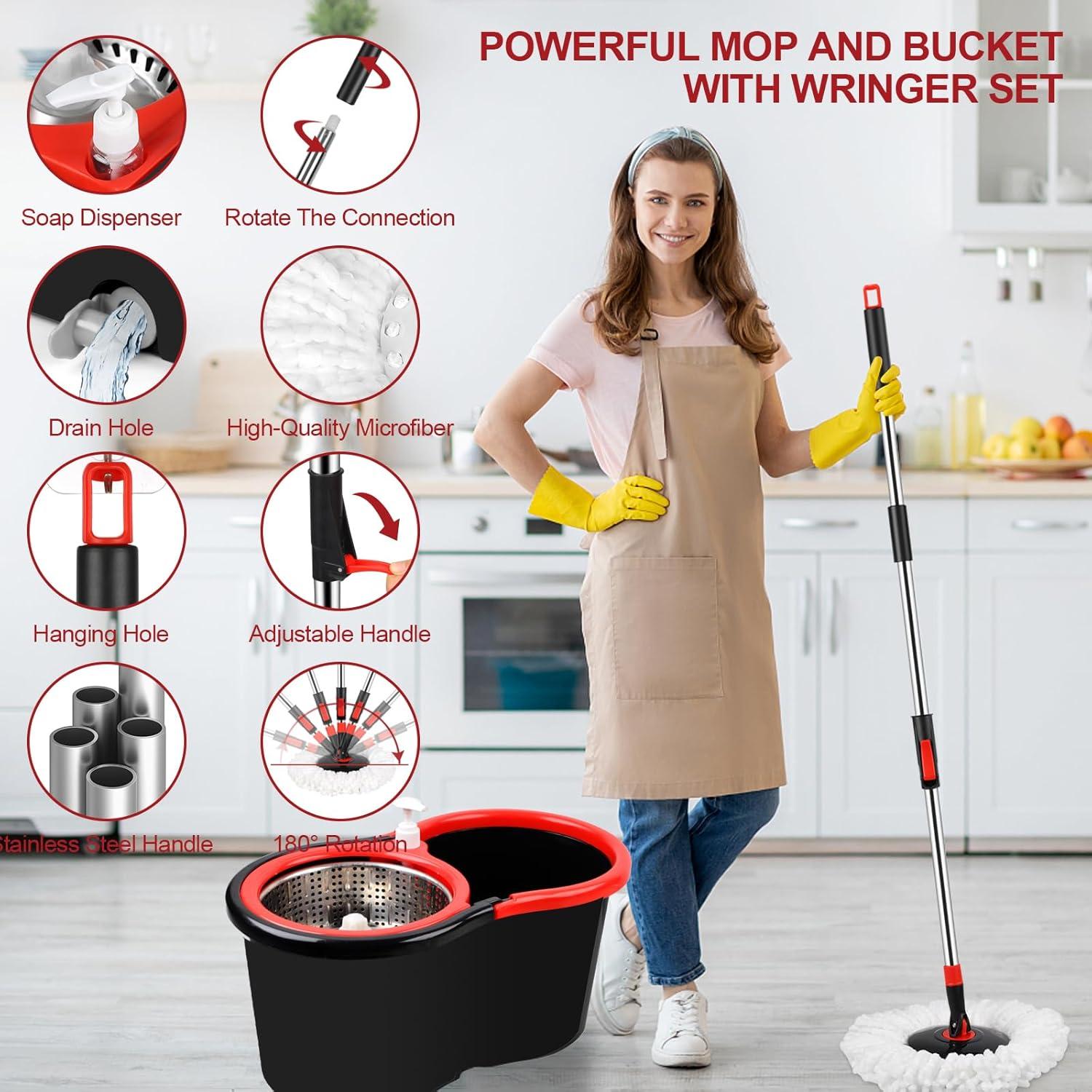 Spin Mop and Bucket Set, 360° Spin Mop and Bucket with Wringer Set and 3 Microfiber Mop Replacement Heads Refills, 61" Stainless Steel Extended Handle Spinning Mop Bucket System for Floor Cleaning