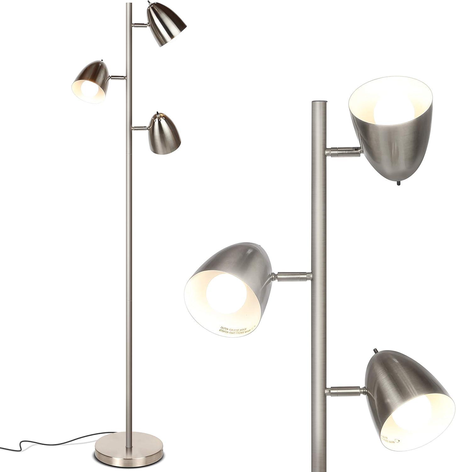 Brightech Jacob 64" Modern 3-Light Adjustable LED Floor Lamp with Silver Finish and Metal Cone Shades, Bulbs Included