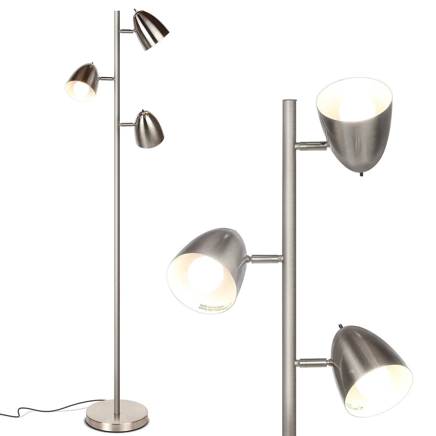 Brightech Jacob 64" Modern 3-Light Adjustable LED Floor Lamp with Silver Finish and Metal Cone Shades, Bulbs Included
