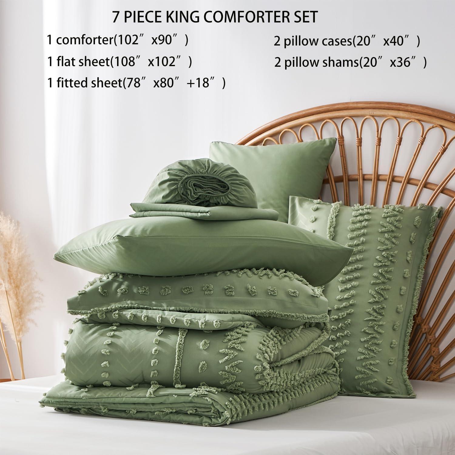 EVERGRACE King Size Comforter Set 7 Pieces Bed in a Bag for College Dorm, White Tufted Shabby Chic Boho Comforter and Sheet Set with Pom Pom Textured, Soft Fluffy Farmhouse Complete Bedding Set