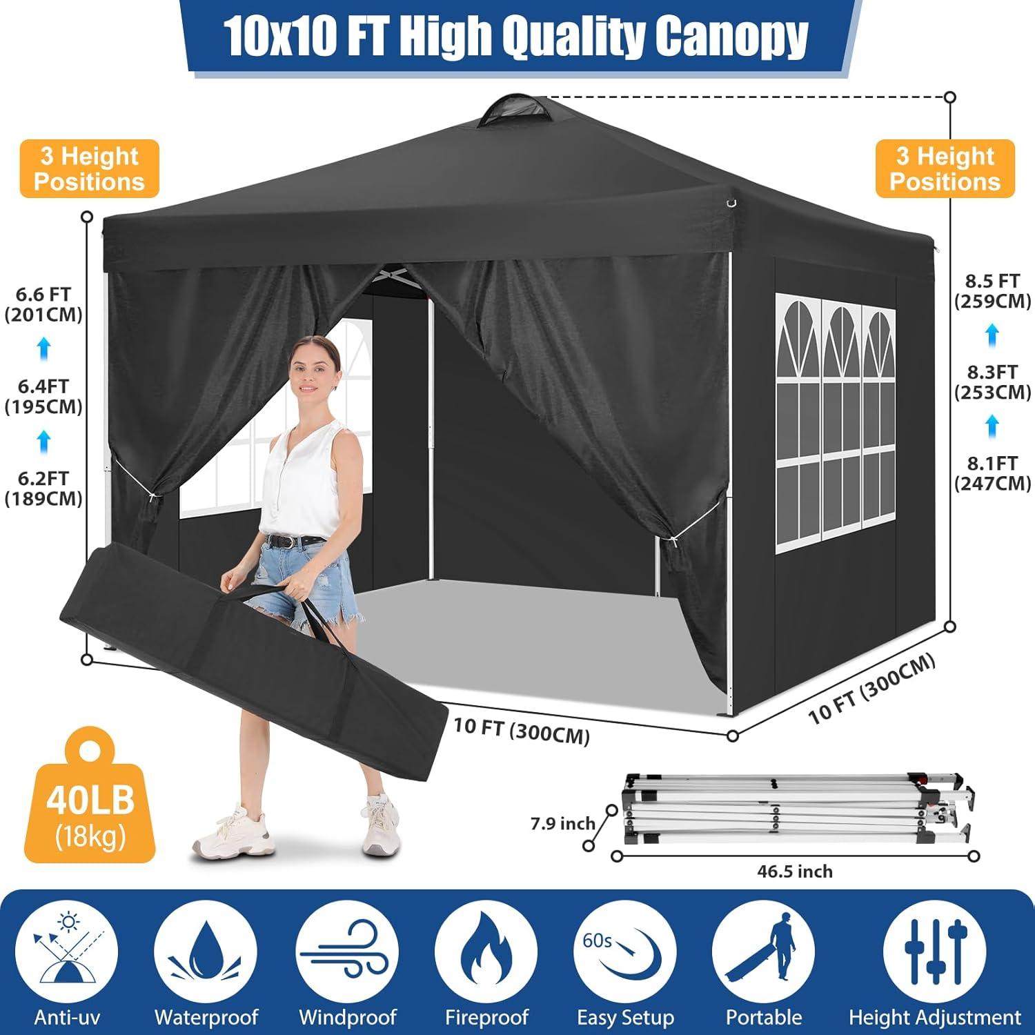 COBIZI 10X10 Ez Pop Up Canopy Tent Outdoor Event Shelter Party Tent One Person Quick Setup Portable Folding Waterproof Canopy Pop Up Tent for Party Camping Patio Beach,Black