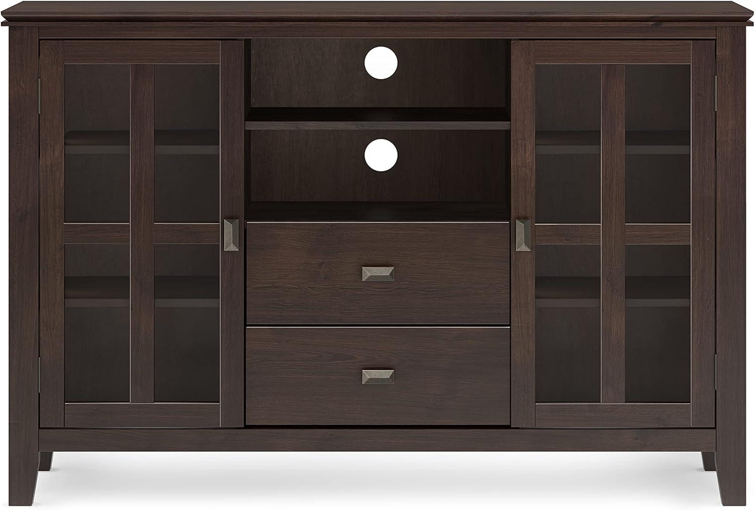 Simpli Home Artisan TV Media Stand in Dark Chestnut Brown