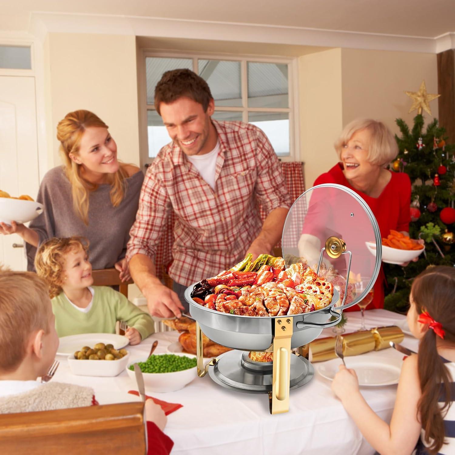 WhizMax Chafing Dish Buffet Set 2 Pack 5QT, Stainless Steel Round Chafing Dishes for Buffet with Lid Holder & Glass Lid, Gold