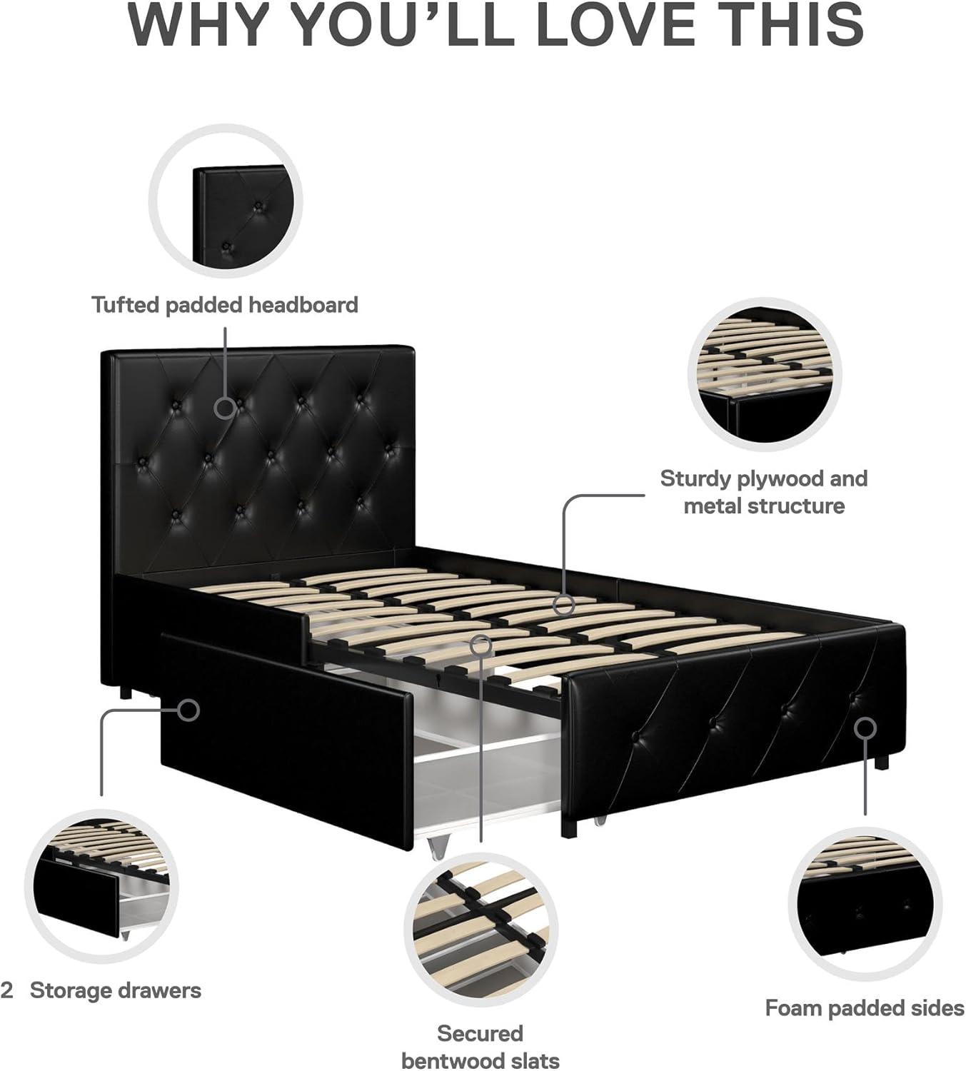 DHP Dakota Tufted Upholstered Storage Bed Frame, Twin, Black Faux Leather