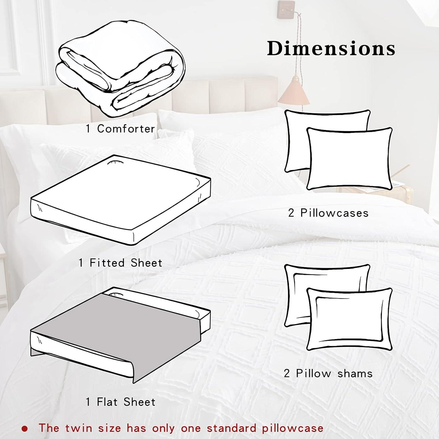 7 Pieces Tufted Bed in a Bag Queen Comforter Set with Sheets White, Soft and Embroidery Shabby Chic Boho Bohemian, Luxury Solid Color with Diamond Pattern, Jacquard Tufts Bedding Set for All Season