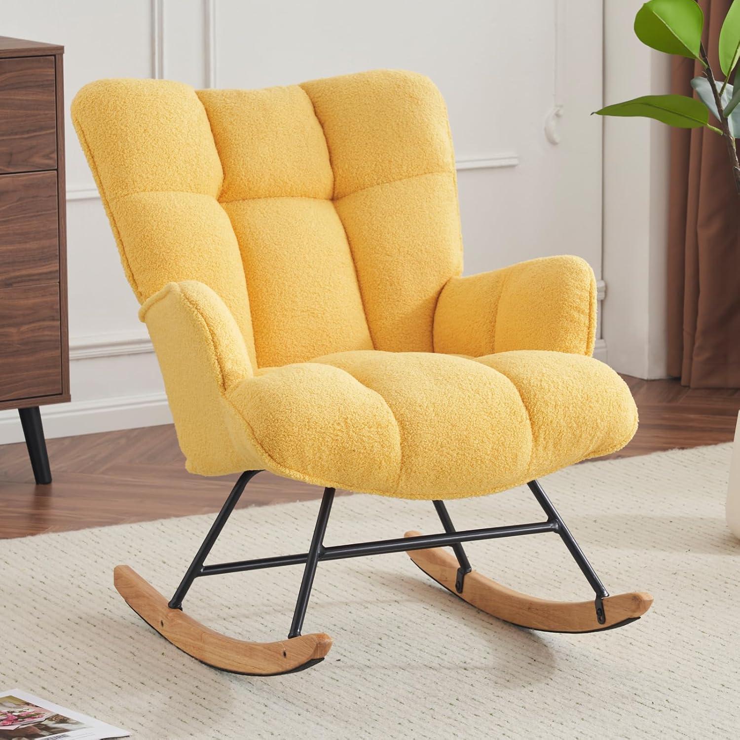 Nursery Rocking Chair Teddy, Upholstered Glider Rocker with High Backrest, Comfortable Stylish Accent Armchair with Padded Seat for Living Rooms, Bedrooms, Offices