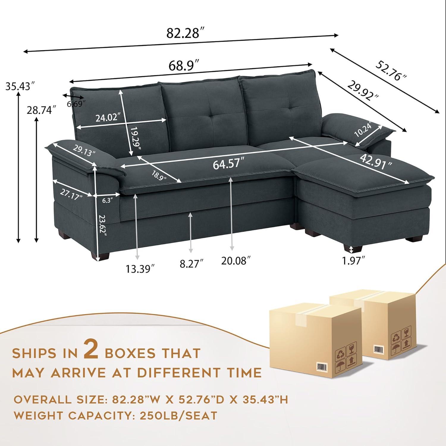 82" Convertible Sectional Sofa, L-Shaped Comfy Cloud Couch with Reversible Chaise and Padded Armrests, Modern Polyester 3 Seat Sofa Couches for Living Room (Green)