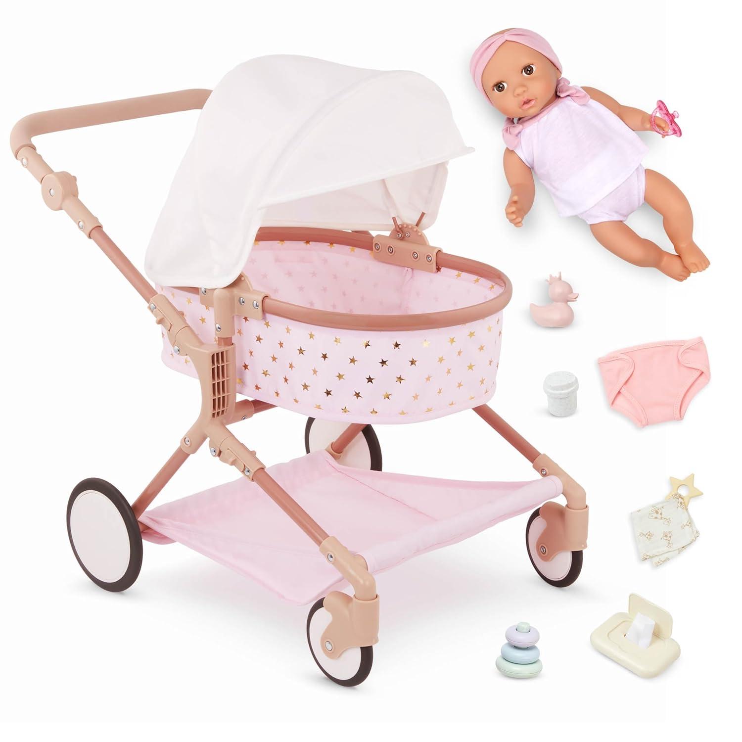 LullaBaby 14" Baby Doll & Double Stroller Accessory Set - Pink & Golden Stars: Toy Stroller with Canopy & Basket