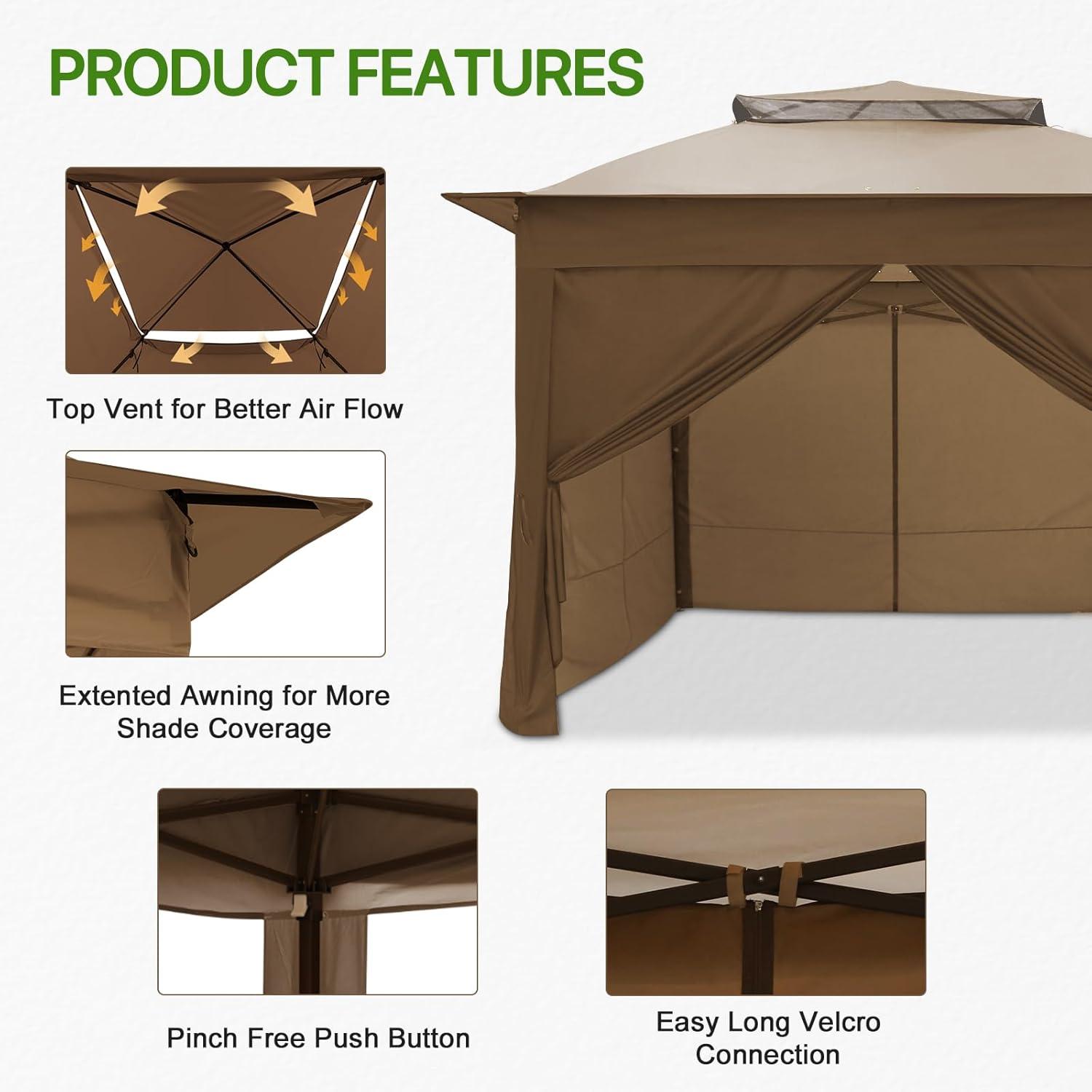 COOS BAY 11x11 Pop-up Instant Gazebo Tent with 4 Sidewalls Outdoor Canopy Shelter,Brown