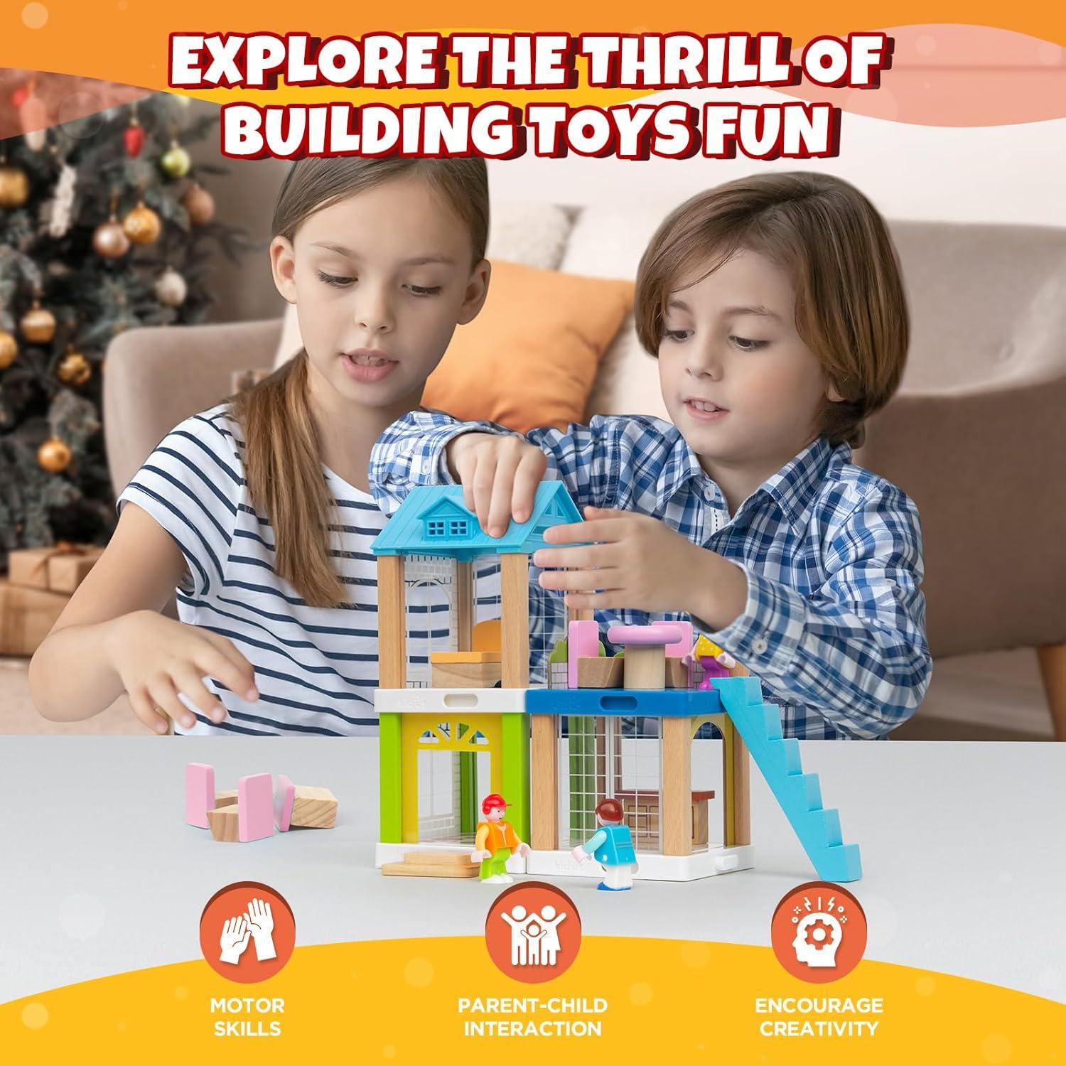 37-Piece Small Wooden Dollhouse, 3-Room DIY Doll House for Toddlers with 3 Movable Dolls, Dollhouse Furniture Accessories, Birthday Building Gift for Kids Ages 3-8 (8.15" L x 4.06" W x 9.17" H)