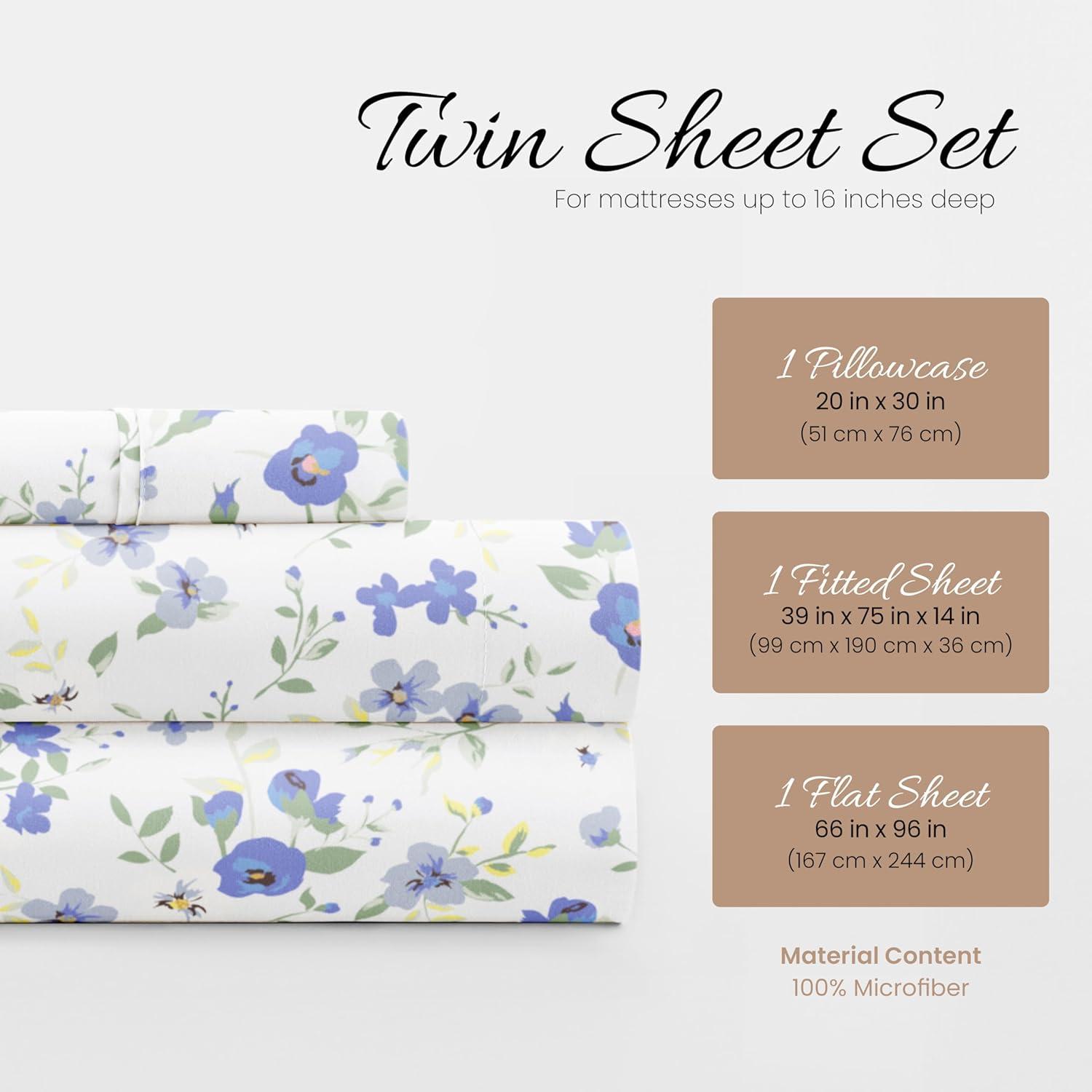 Light Blue Floral Twin Microfiber Sheet Set