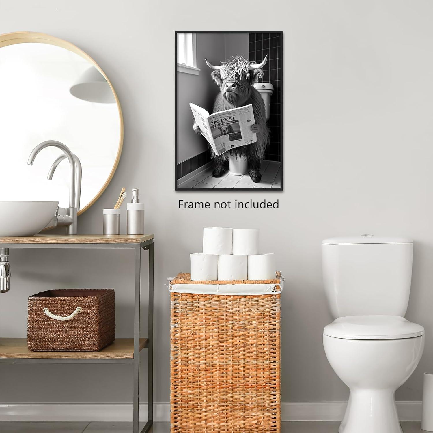 Yaasilinage Highland Cow Canvas Wall Art, Cow Sitting on The Toilet Reading Newspaper Print Poster, Funny Animal Bathroom Pictures for Toilet Guest Room Wall Decor 12x16in Unframed